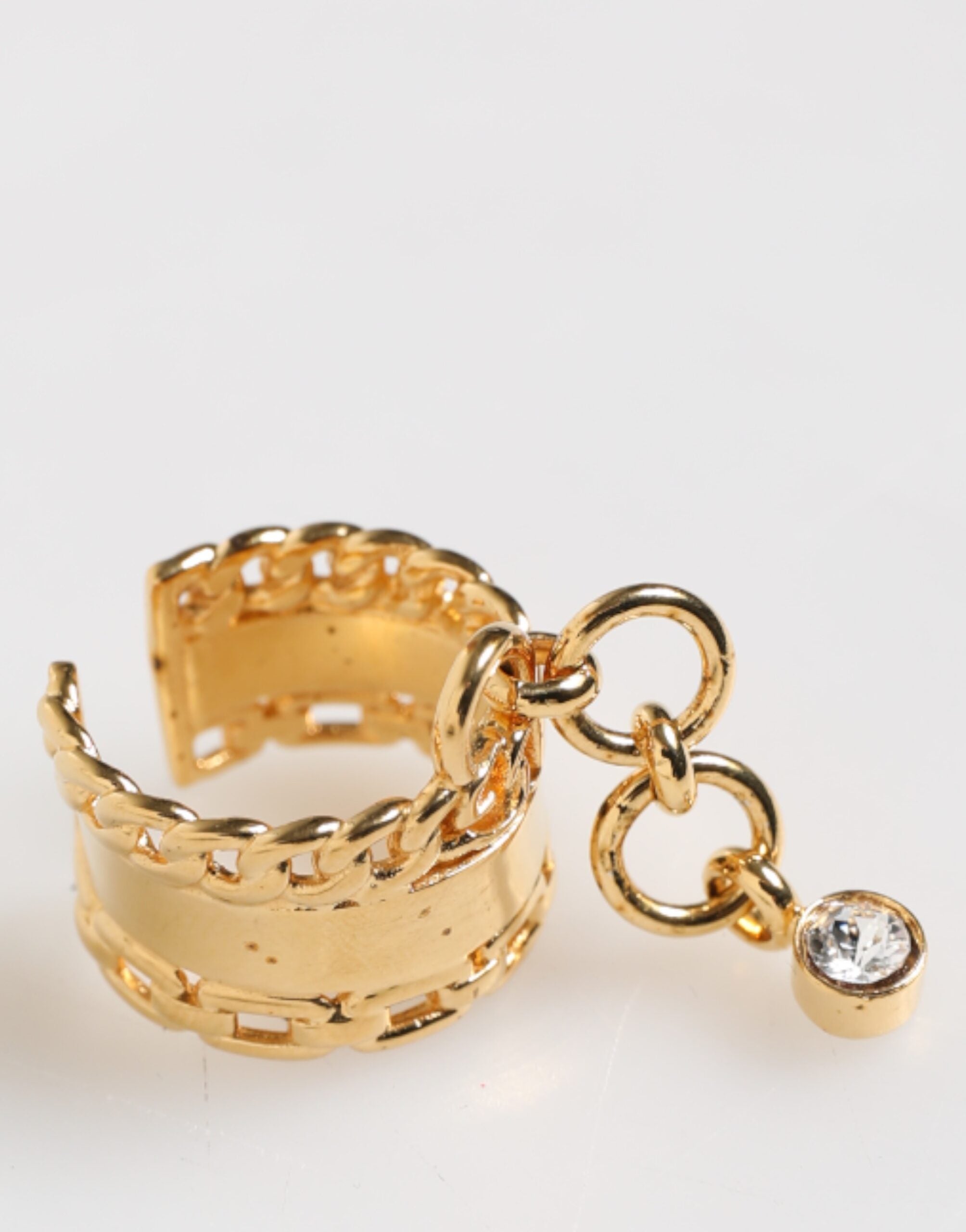 Gold Tone Brass Logo Chain Clear Crystals Adjustable Ring - ventzia