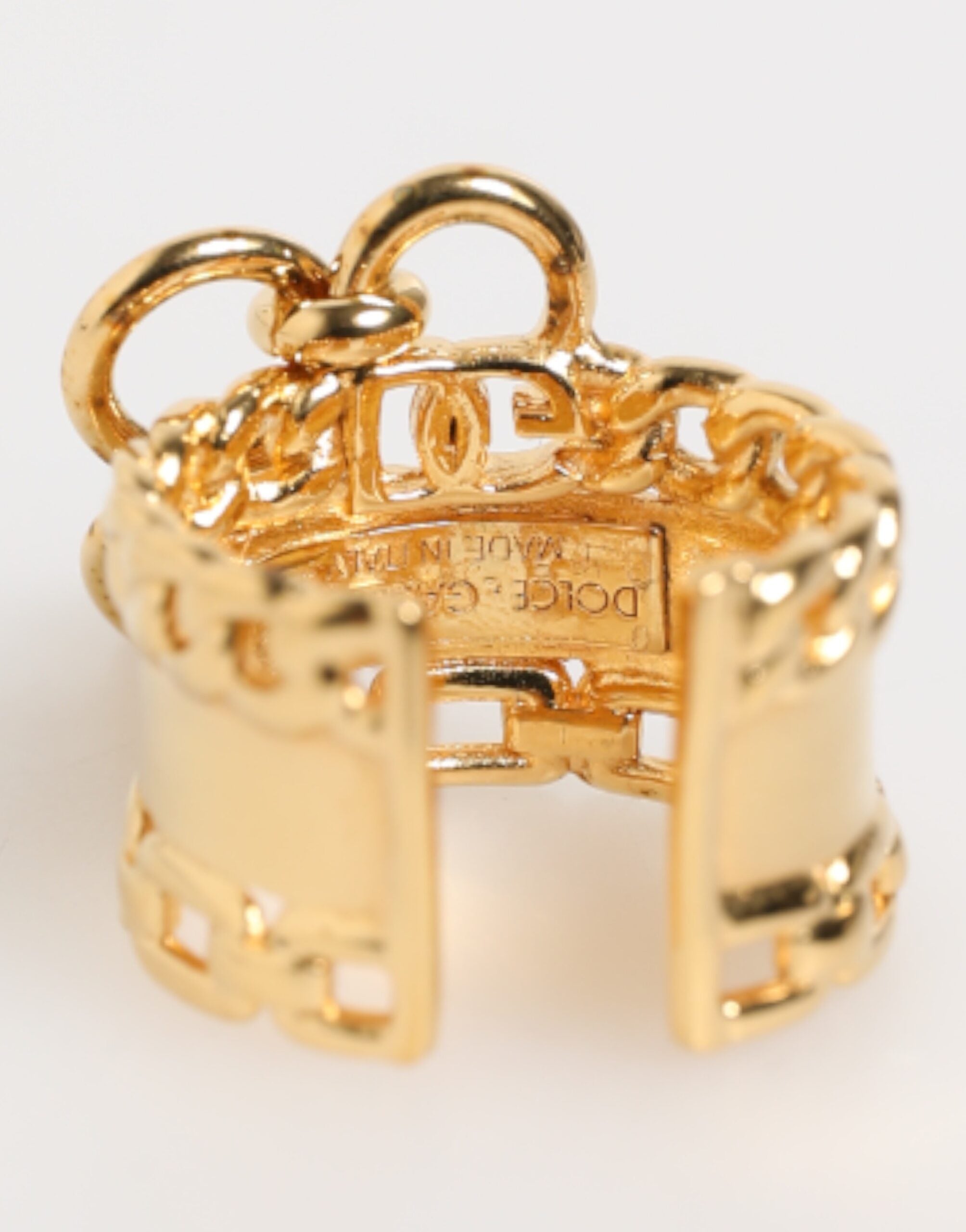 Gold Tone Brass Logo Chain Clear Crystals Adjustable Ring - ventzia