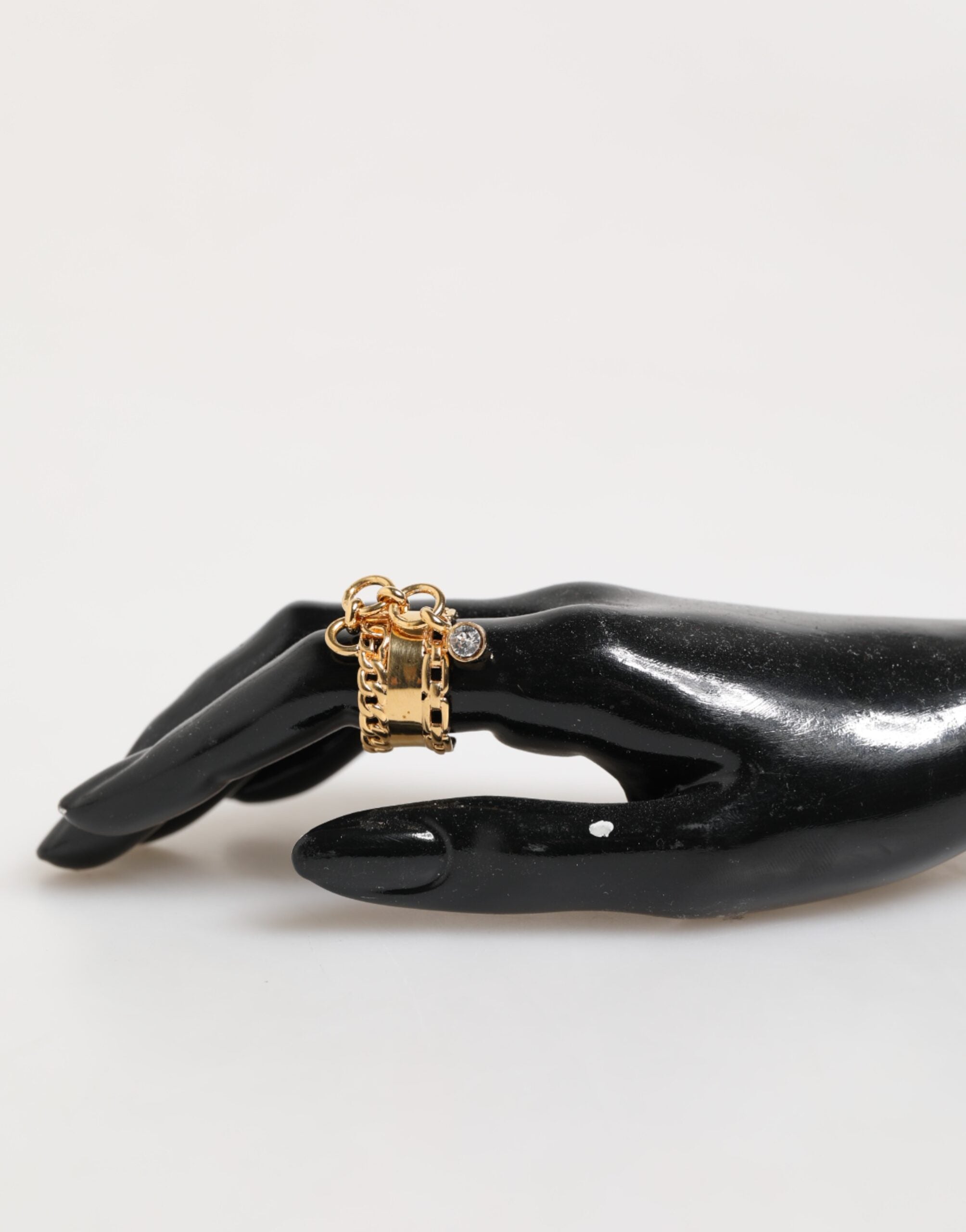 Gold Tone Brass Logo Chain Clear Crystals Adjustable Ring - ventzia