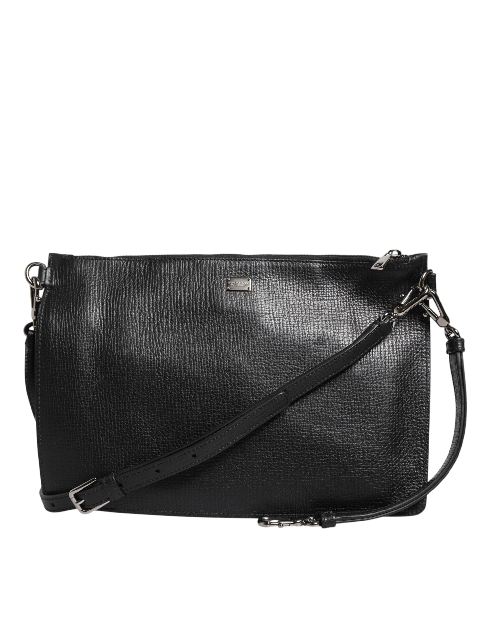 Black Palmellato Leather Logo Plaque Shoulder Borse Bag - ventzia