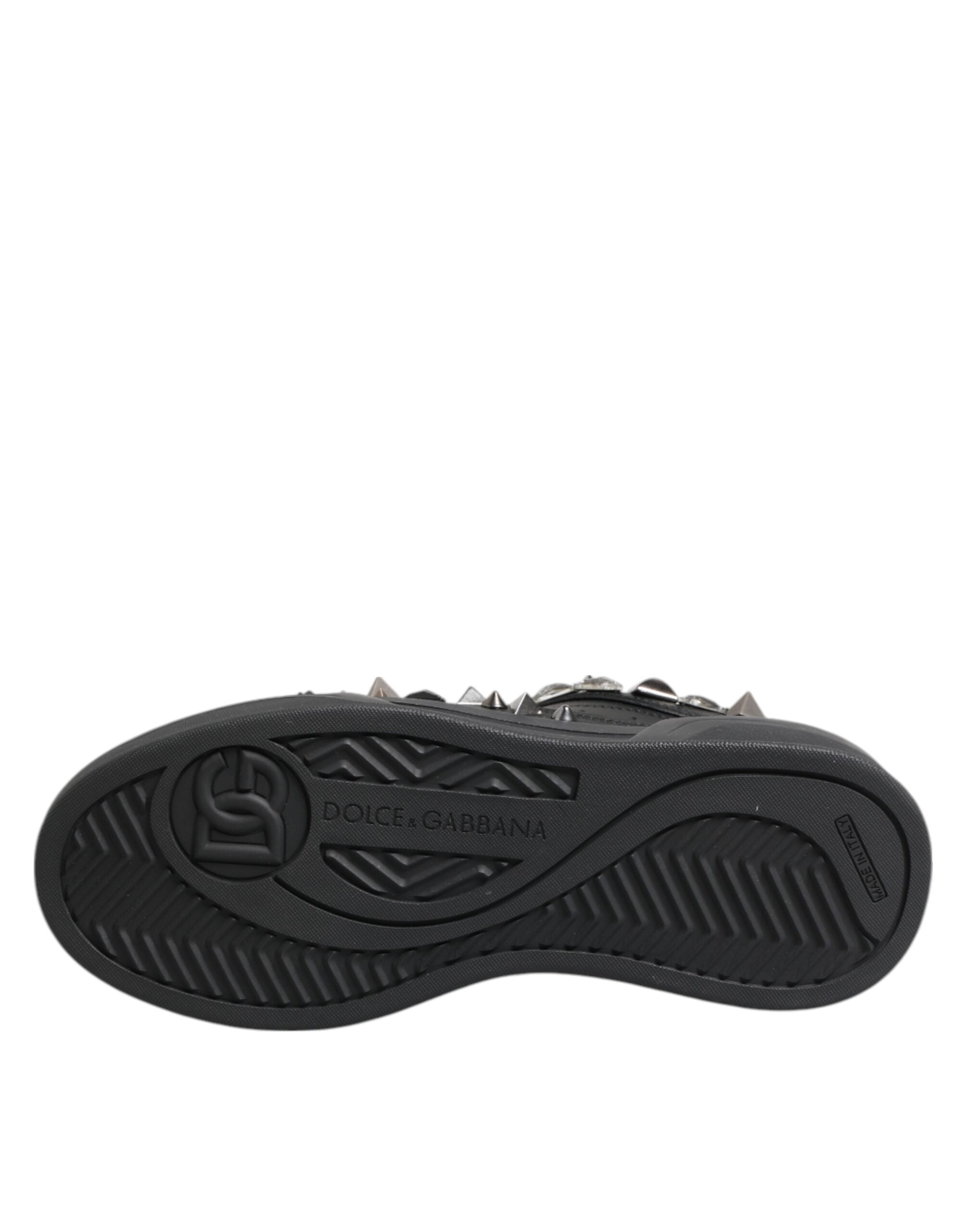 Black Leather Studded Low Top Sneakers Shoes - ventzia