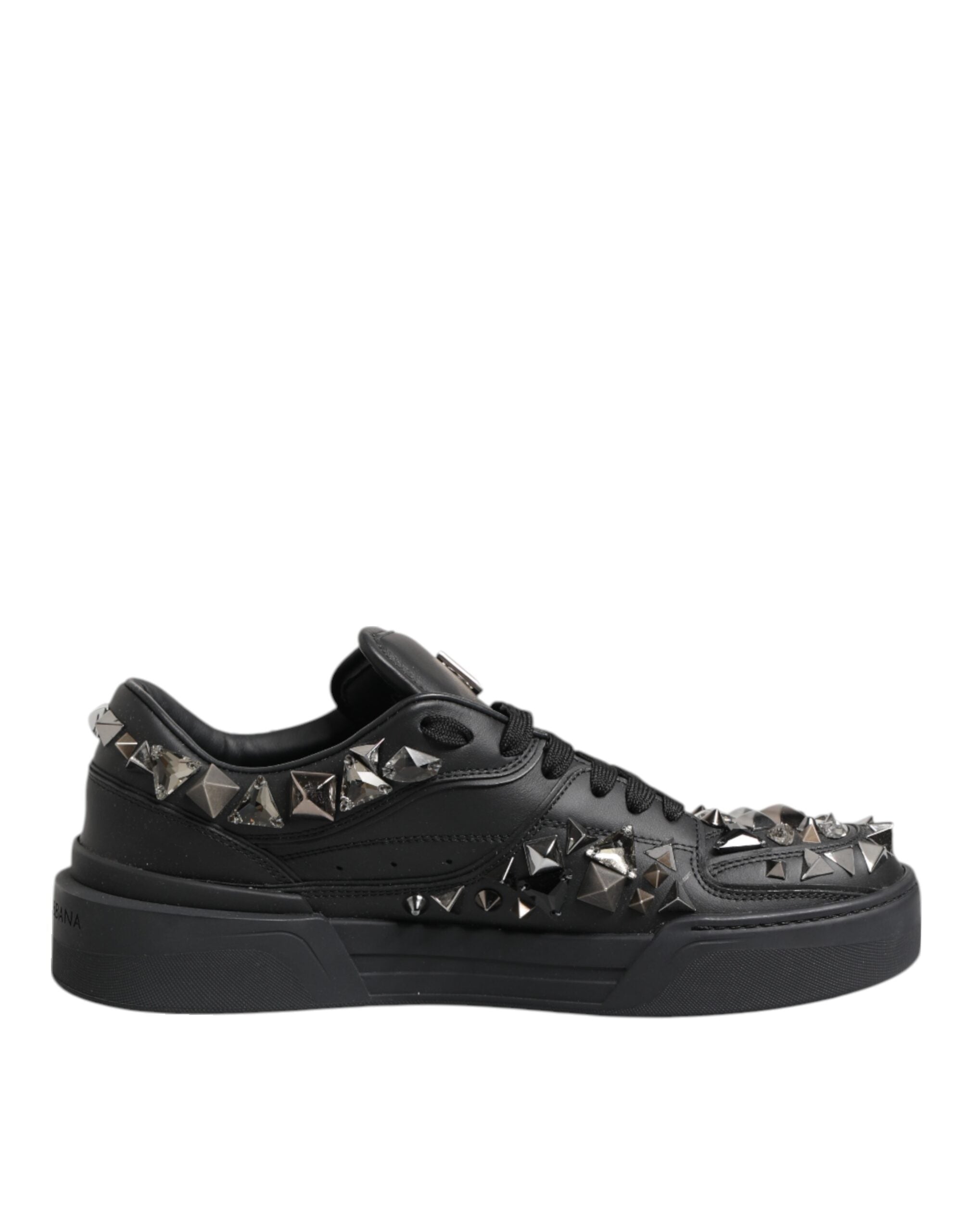Black Leather Studded Low Top Sneakers Shoes - ventzia