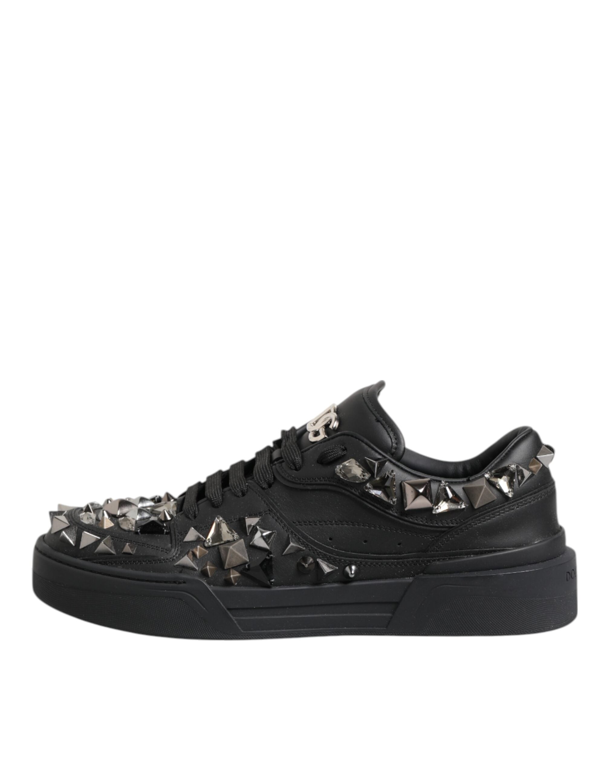 Black Leather Studded Low Top Sneakers Shoes - ventzia