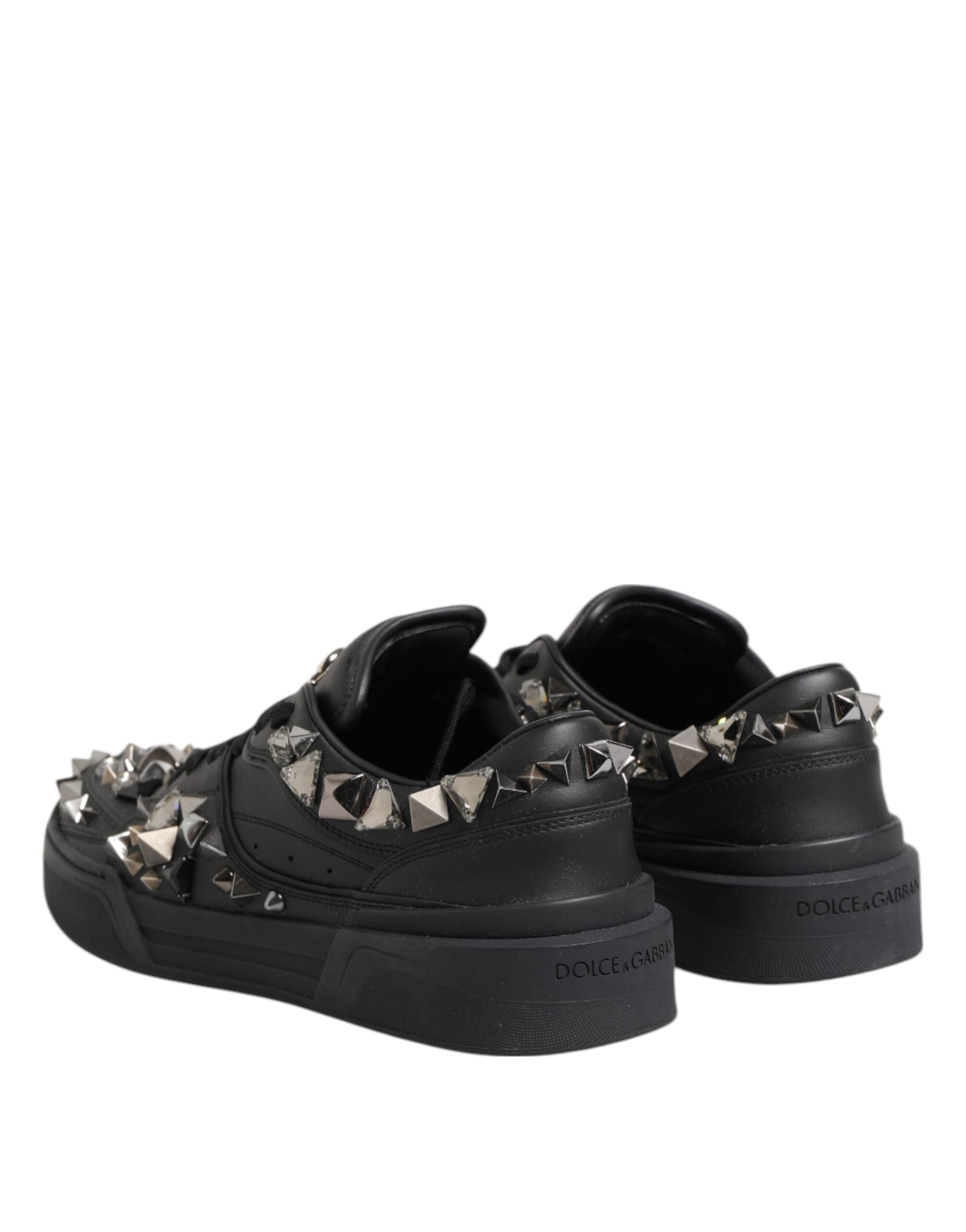Black Leather Studded Low Top Sneakers Shoes - ventzia