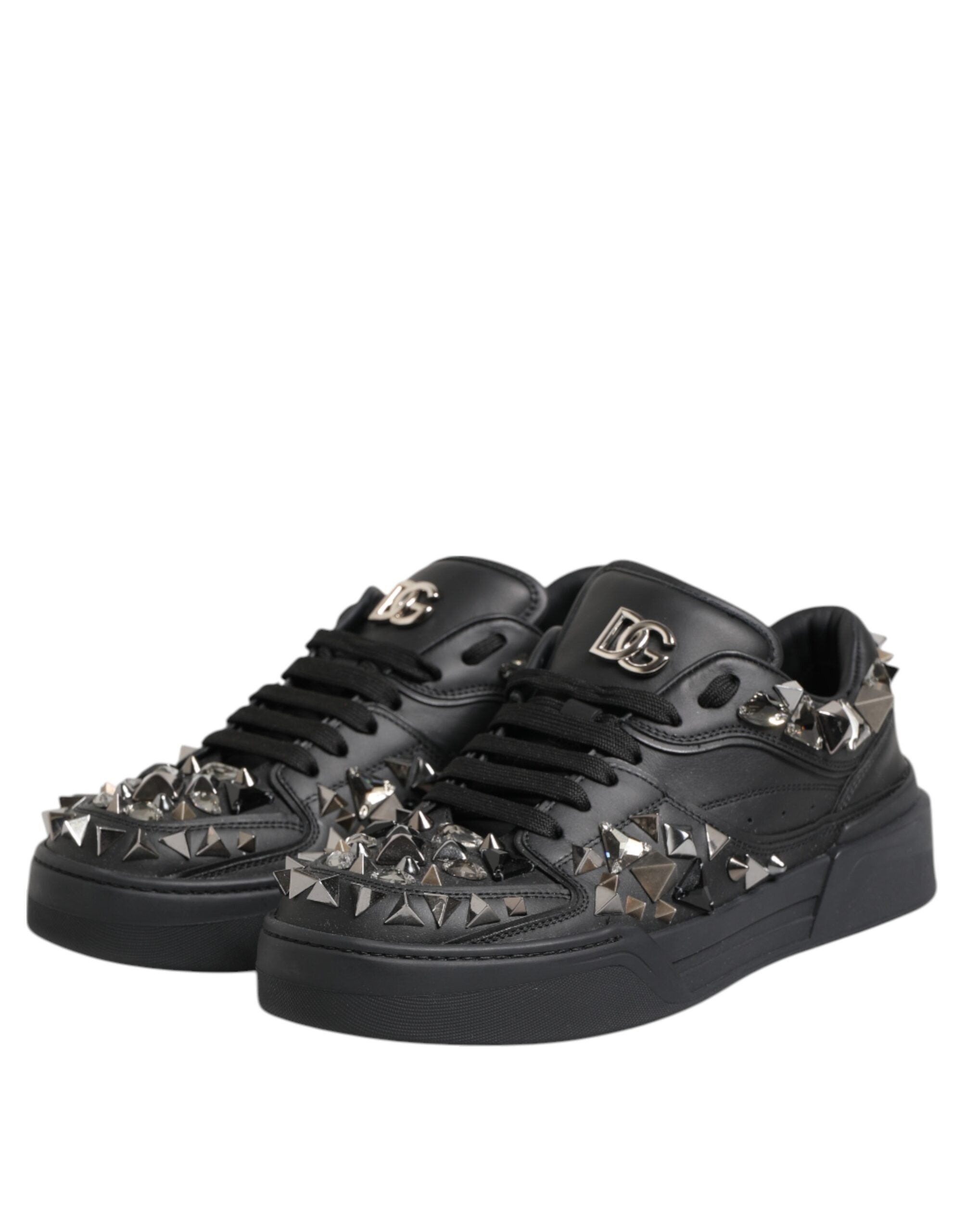 Black Leather Studded Low Top Sneakers Shoes - ventzia
