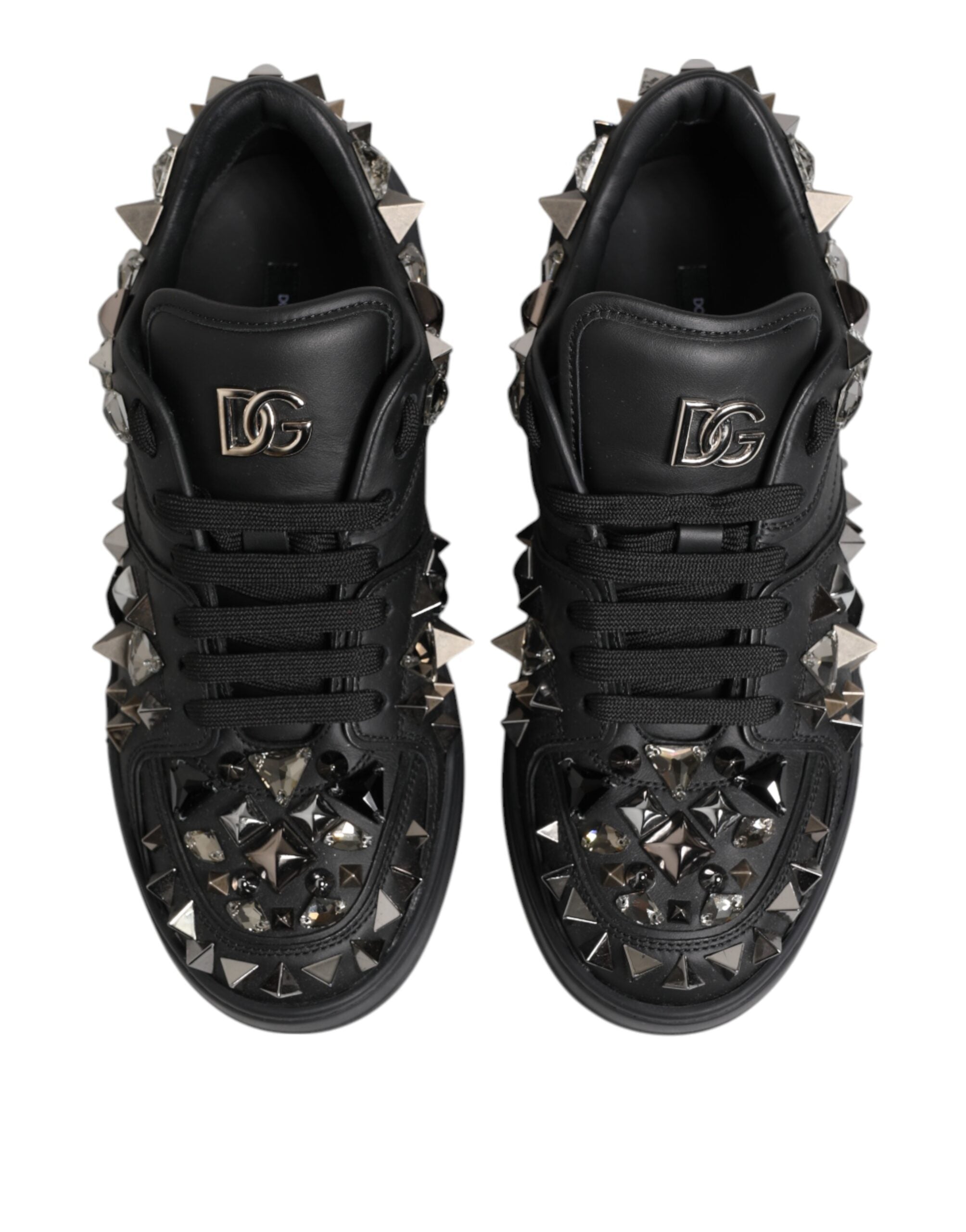Black Leather Studded Low Top Sneakers Shoes - ventzia