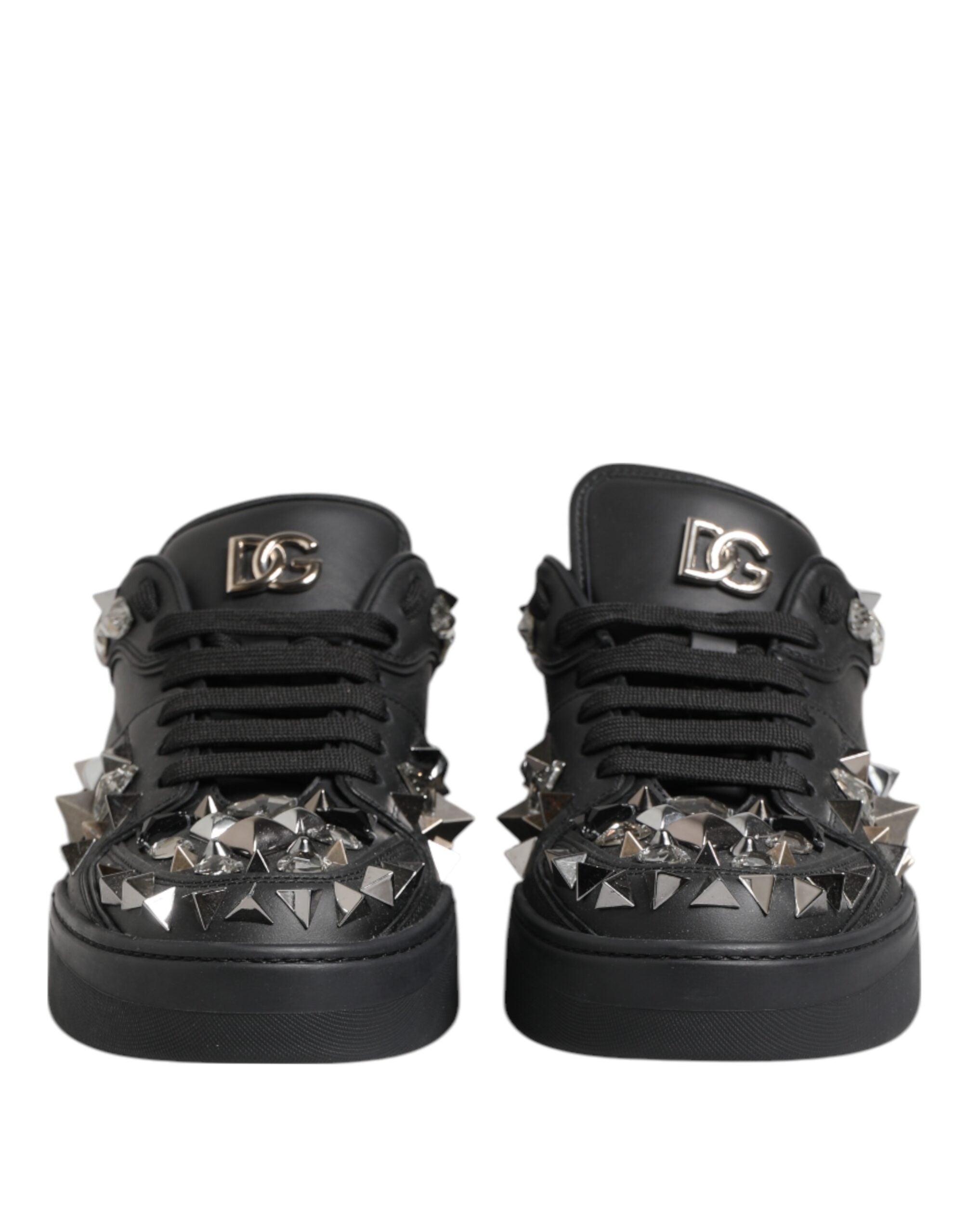 Black Leather Studded Low Top Sneakers Shoes - ventzia