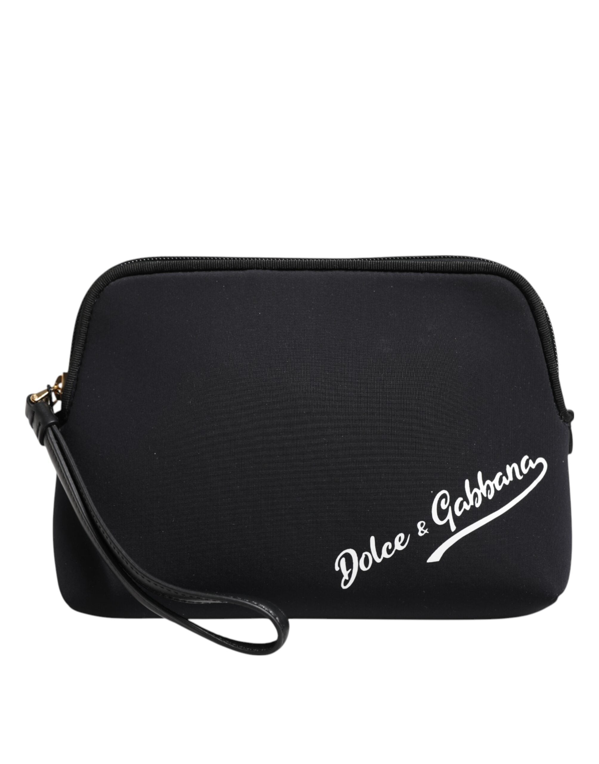 Black Solid Nylon DG LogoPrint Clutch Zip Borse Pouch Bag - ventzia