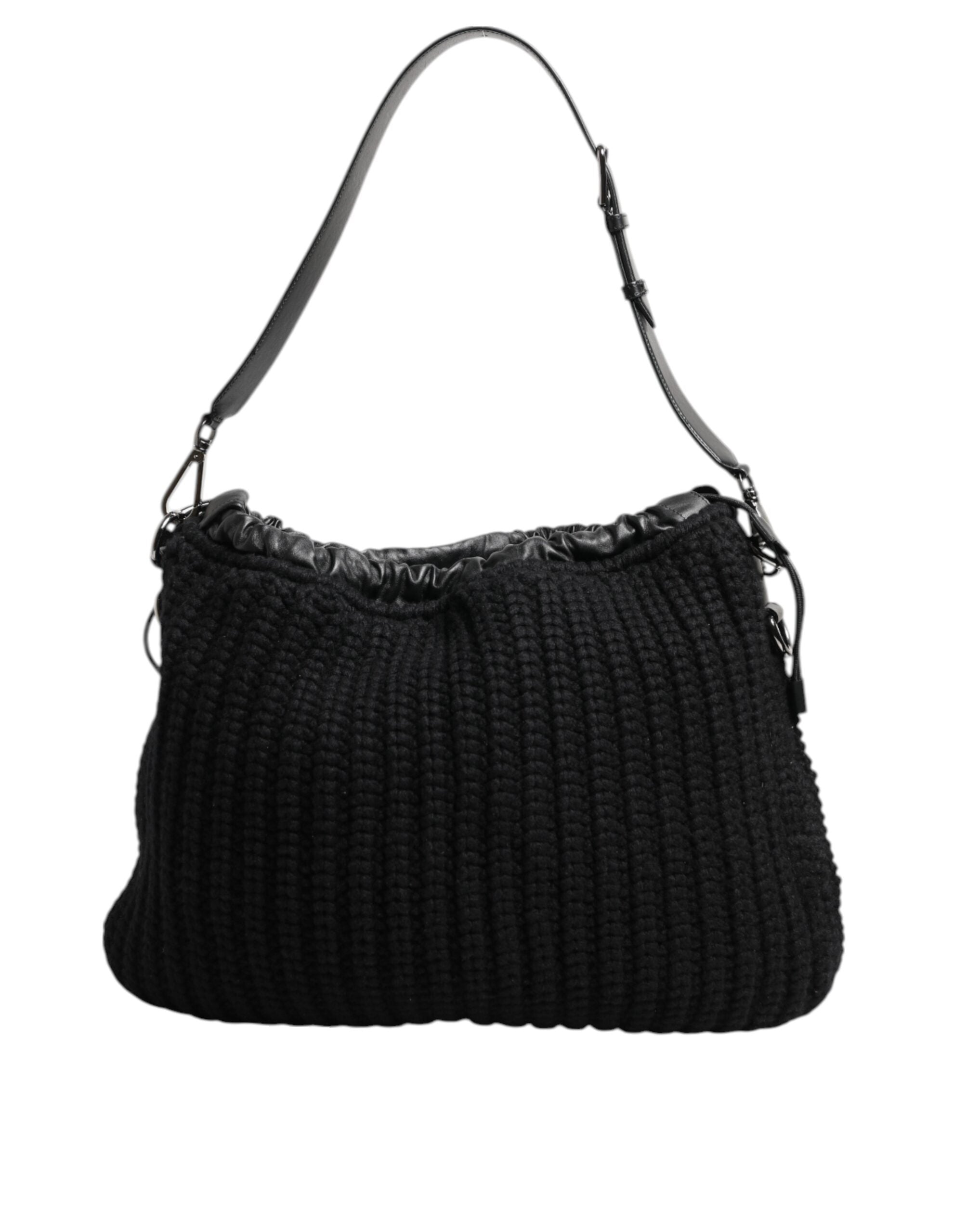 Black Cashmere Knitted Leather Shoulder Women Borse Bag - ventzia