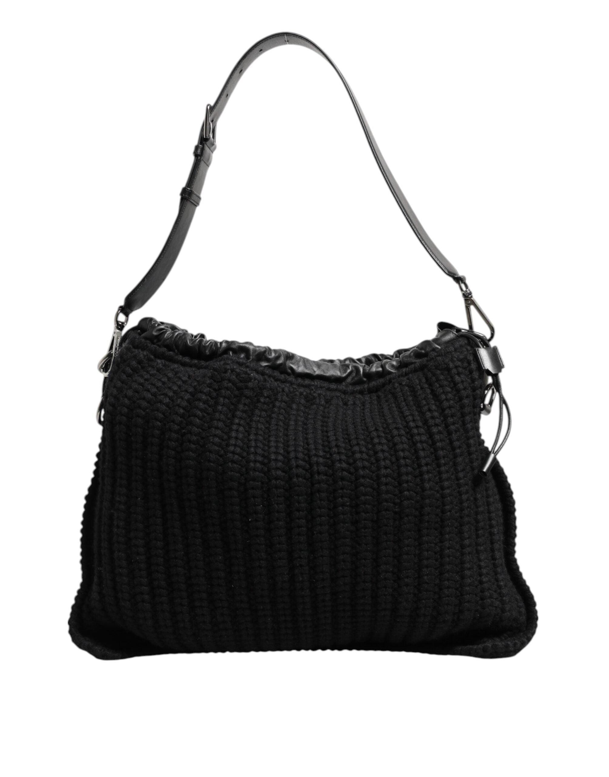 Black Cashmere Knitted Leather Shoulder Women Borse Bag - ventzia