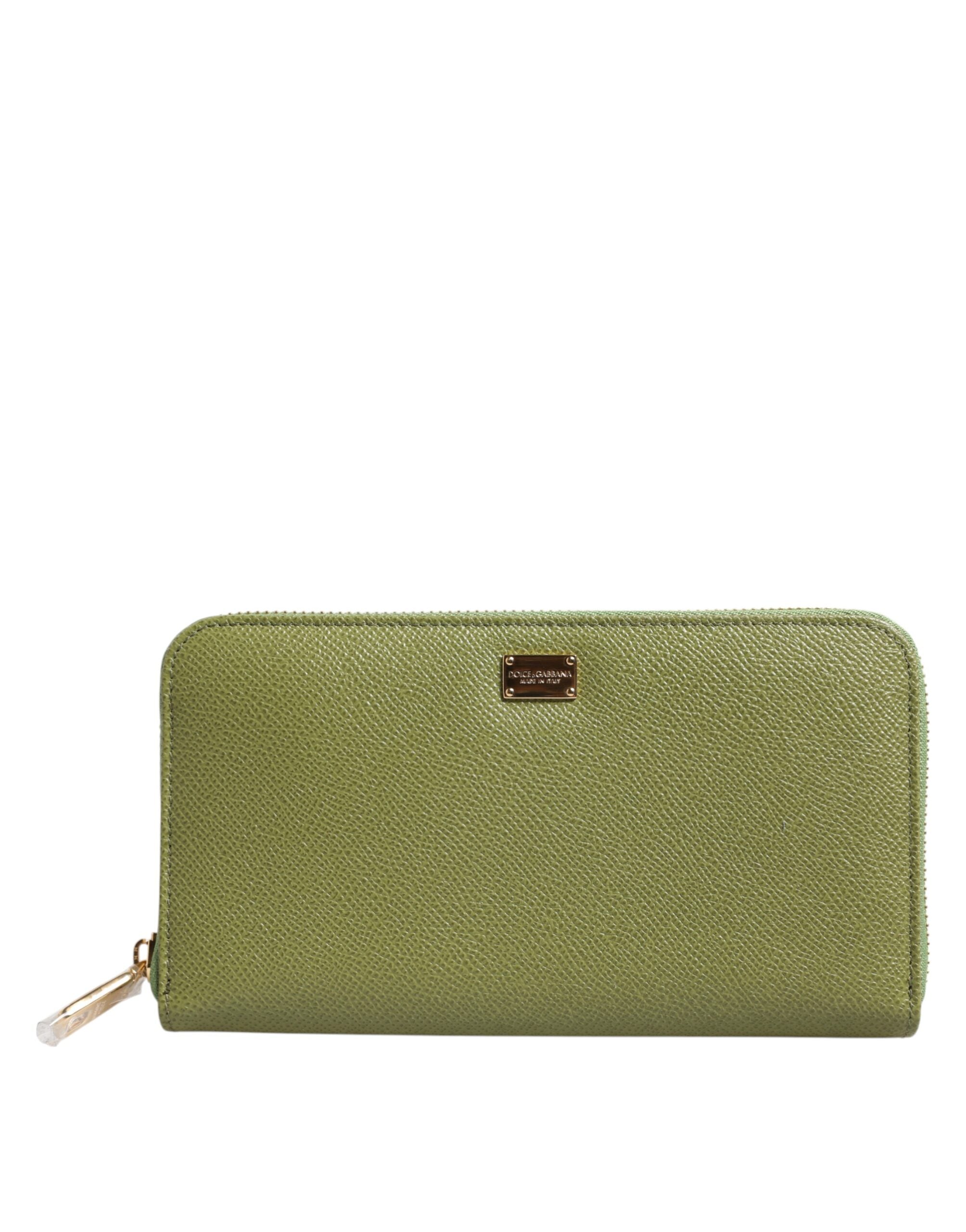 Green Leather Logo Plaque Zip Around Continenta Wallet - ventzia