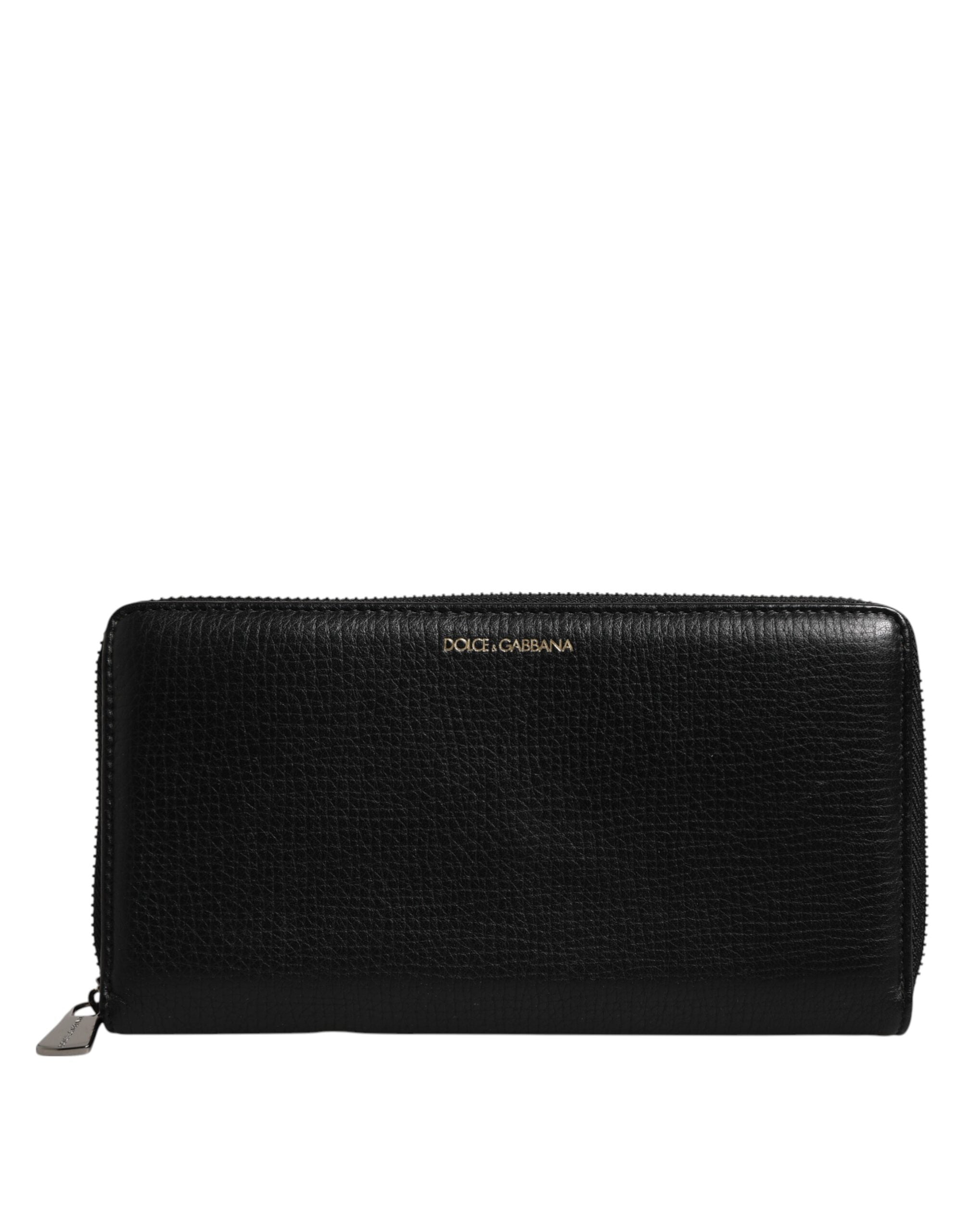 Black Calfskin Leather Logo Zip Around Continental Wallet - ventzia