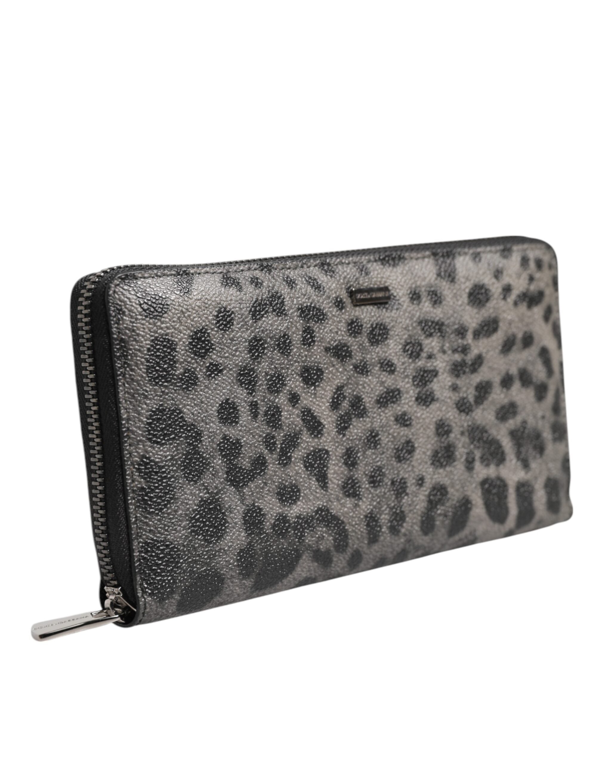 Black Gray Leopard Leather Zip Around Continental Wallet - ventzia