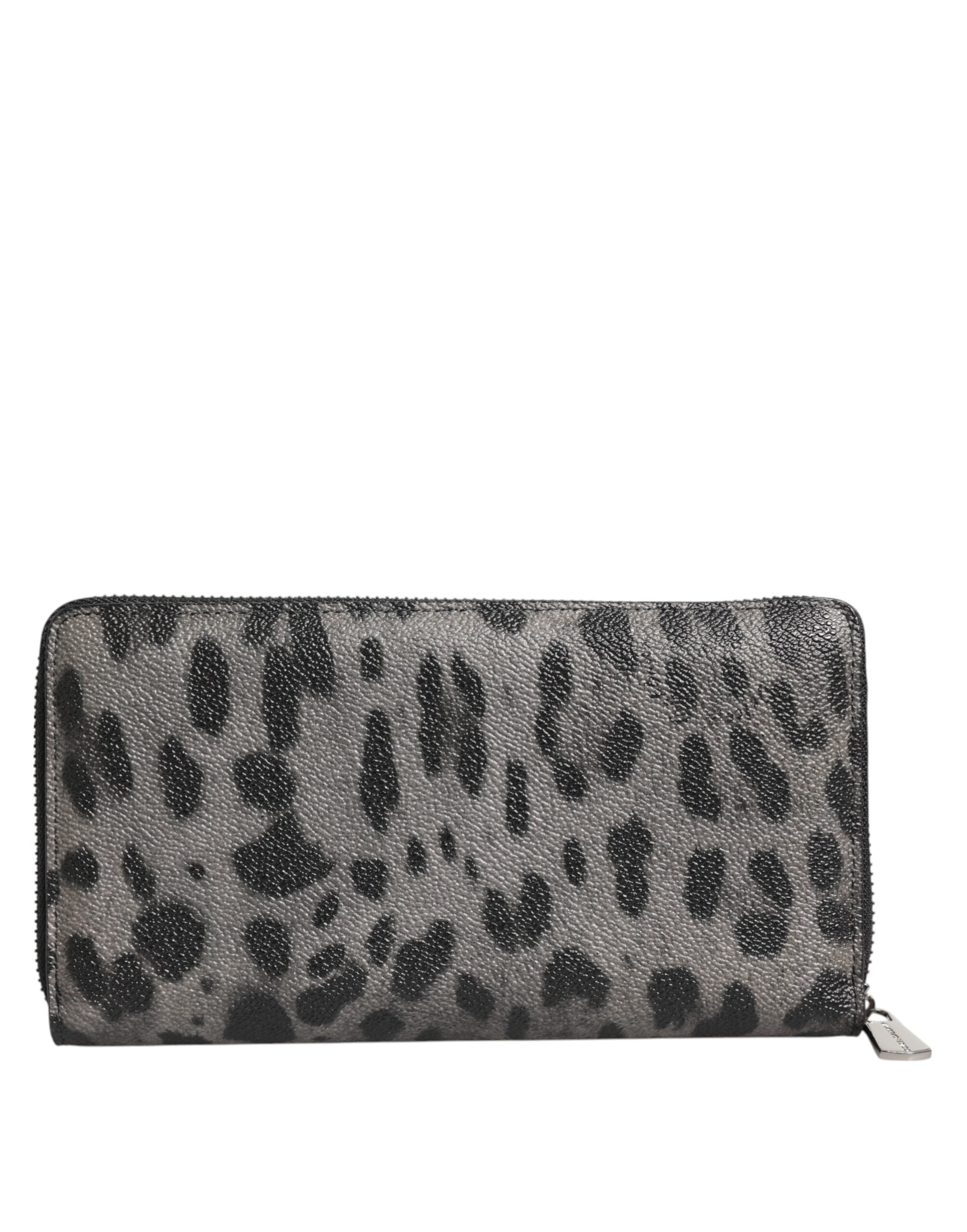 Black Gray Leopard Leather Zip Around Continental Wallet - ventzia