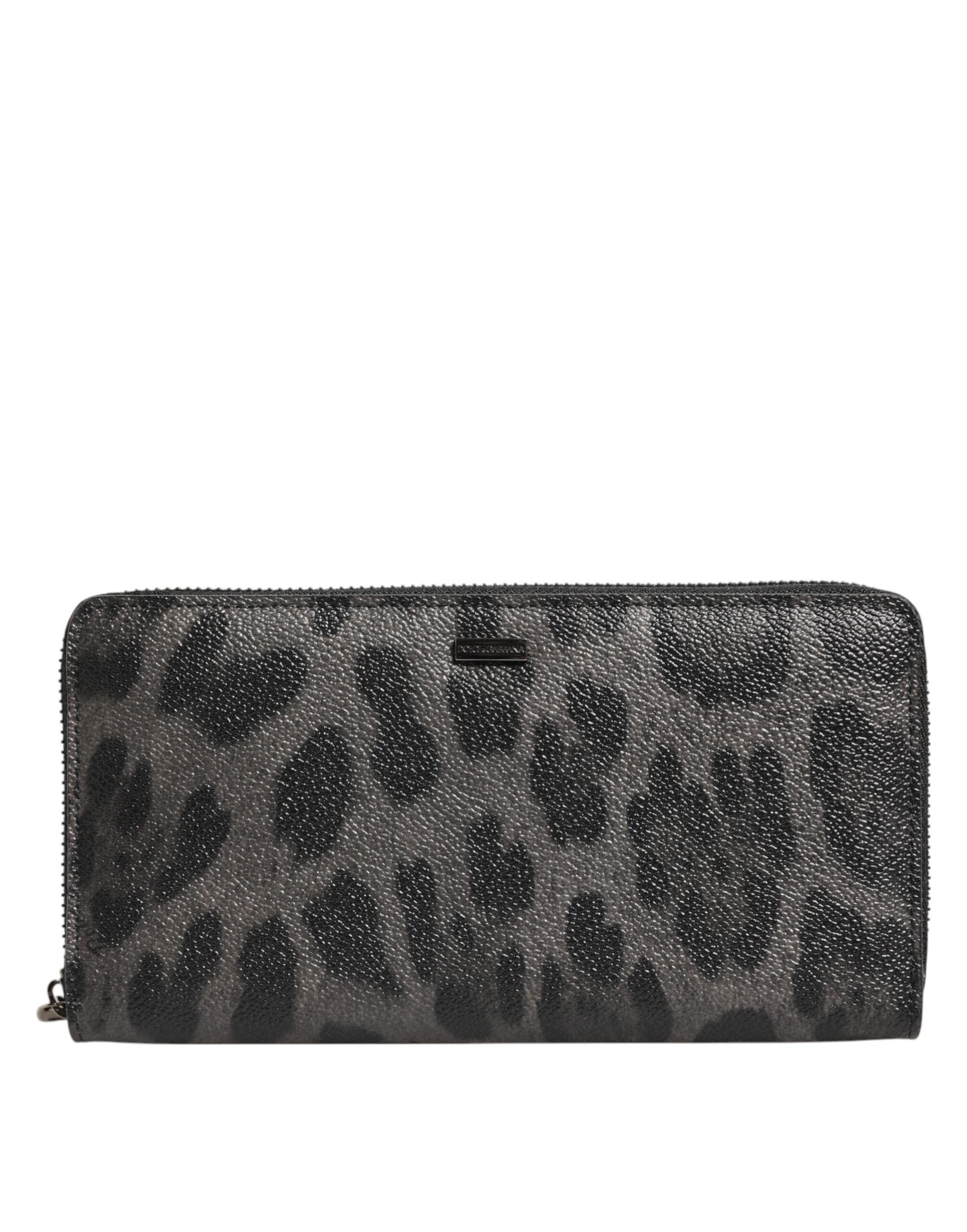 Black Gray Leopard Leather Zip Around Continental Wallet - ventzia