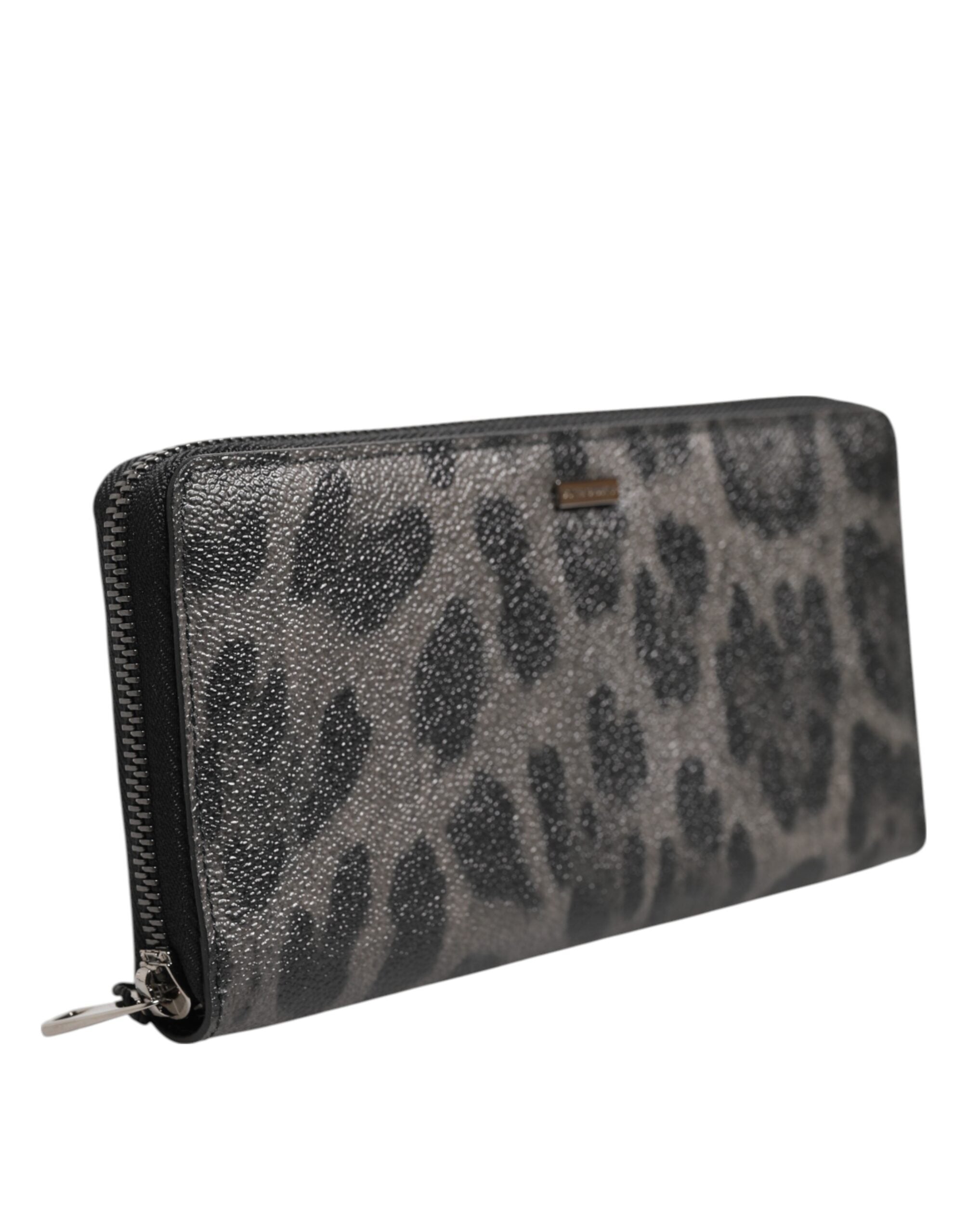 Black Gray Leopard Leather Zip Around Continental Wallet - ventzia