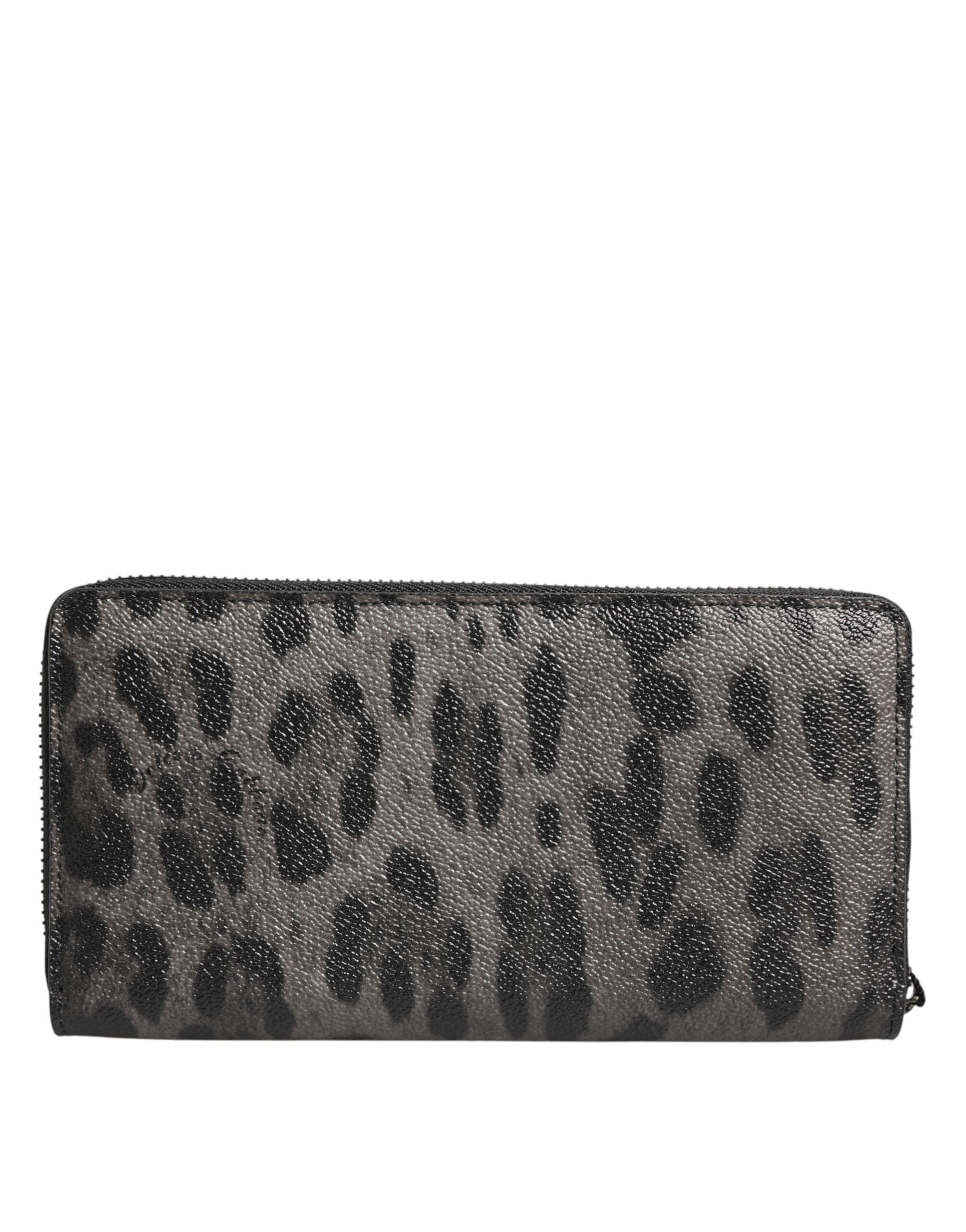 Black Gray Leopard Leather Zip Around Continental Wallet - ventzia