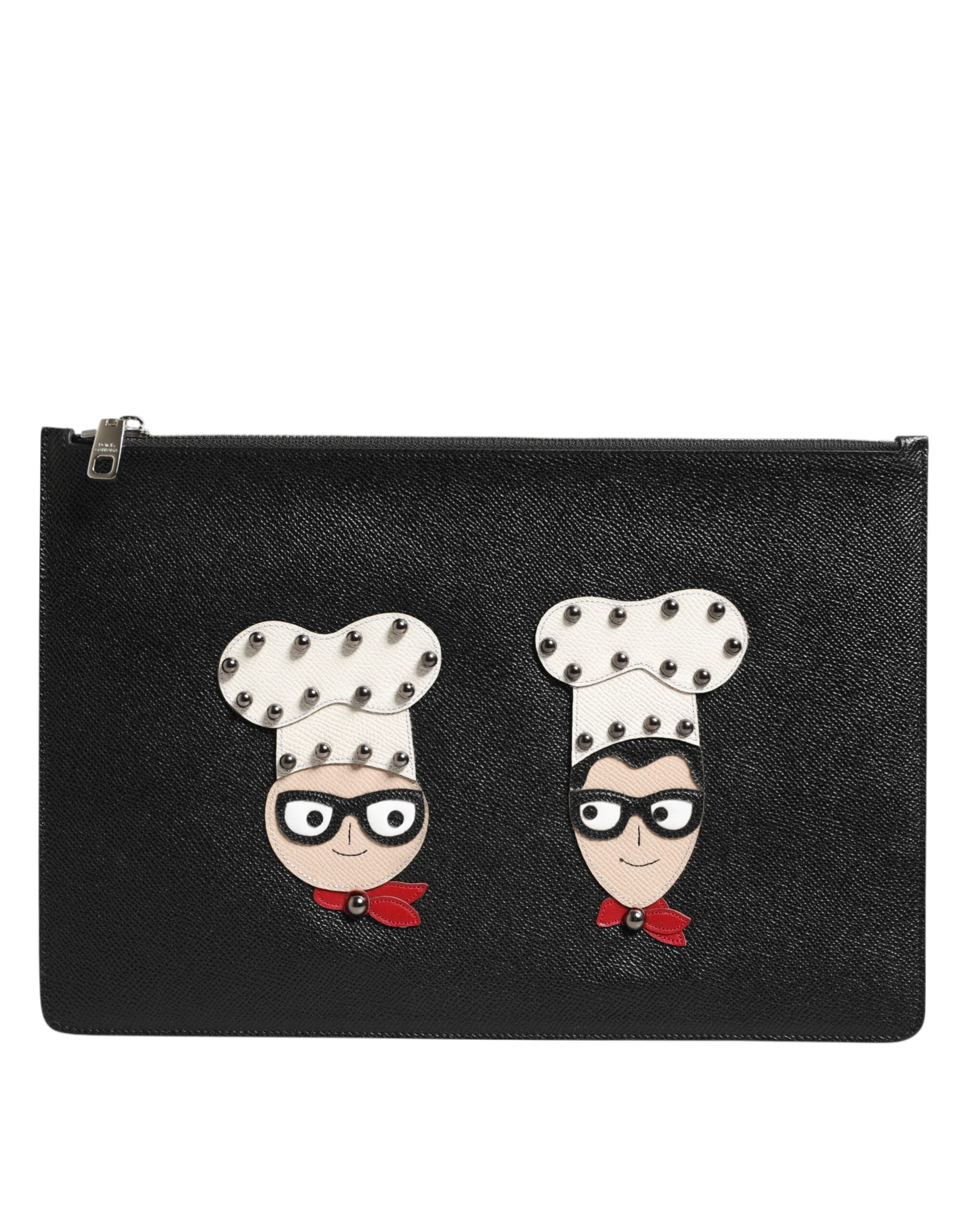 Black Leather #DGFAMILY Embellished Men Clutch Pouch Bag - ventzia