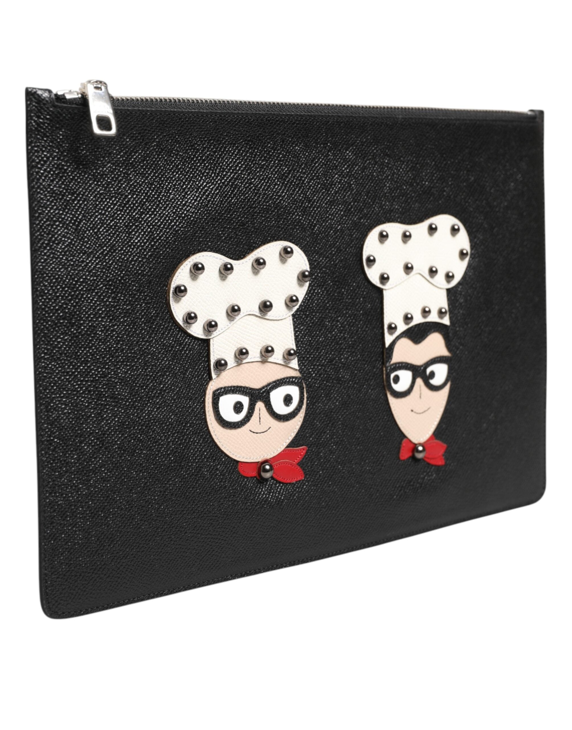 Black Leather #DGFAMILY Embellished Men Clutch Pouch Bag - ventzia