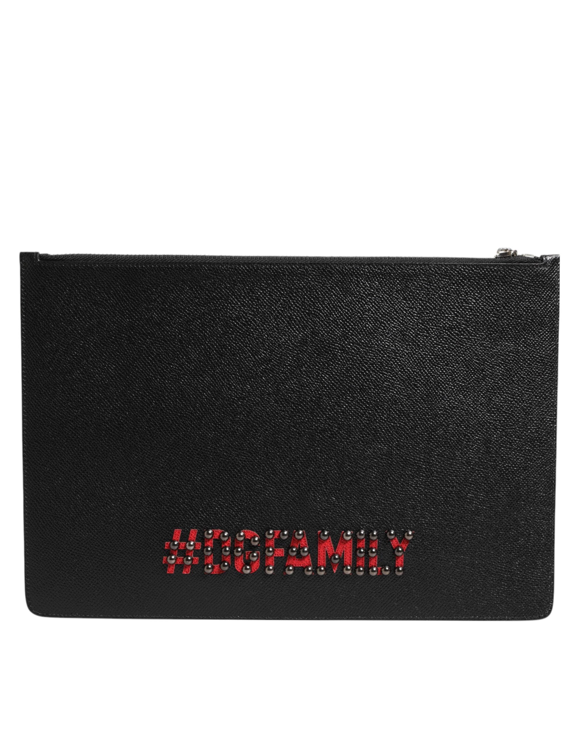 Black Leather #DGFAMILY Embellished Men Clutch Pouch Bag - ventzia