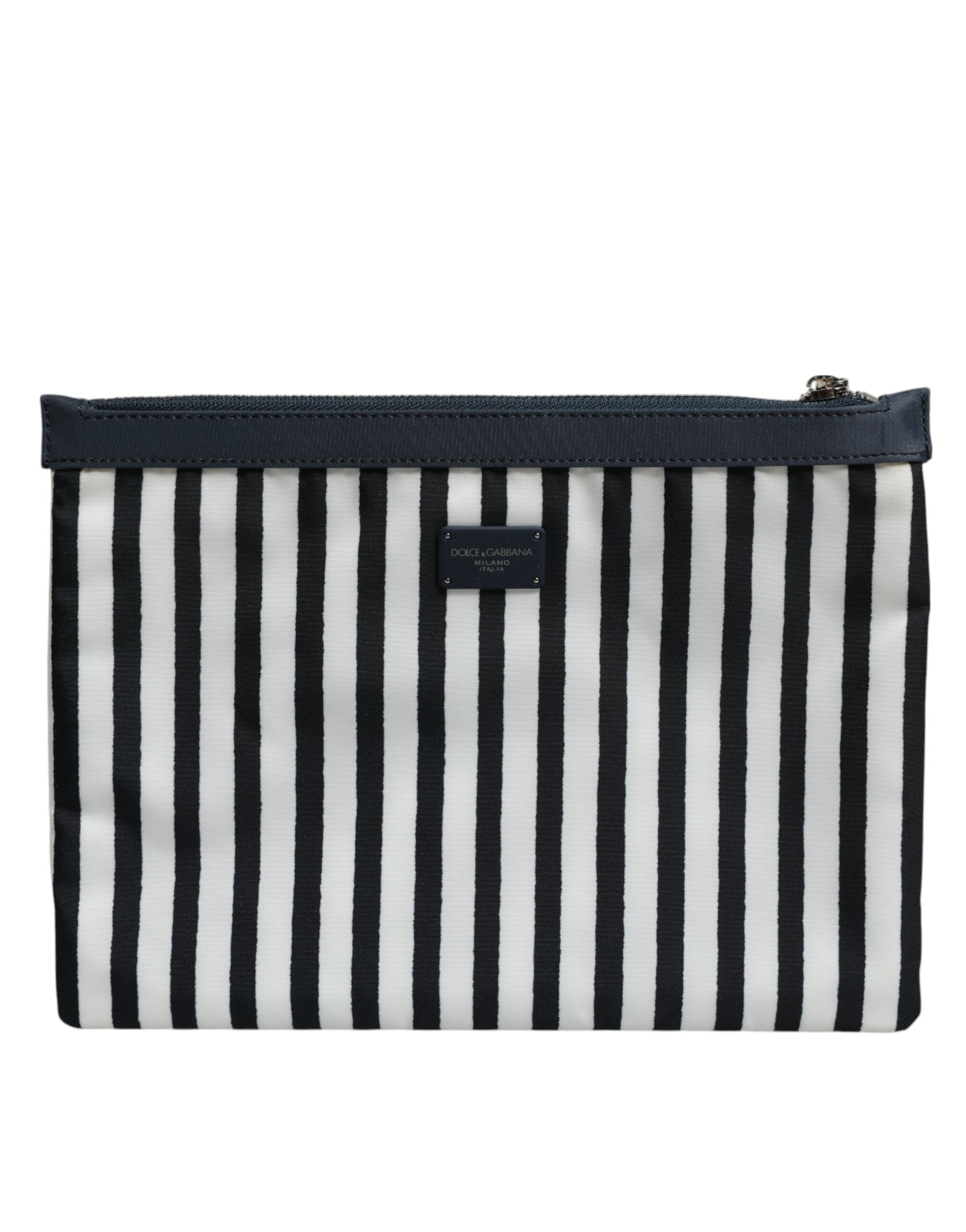 Black White Striped Logo Plaque Clutch Pouch Bag - ventzia