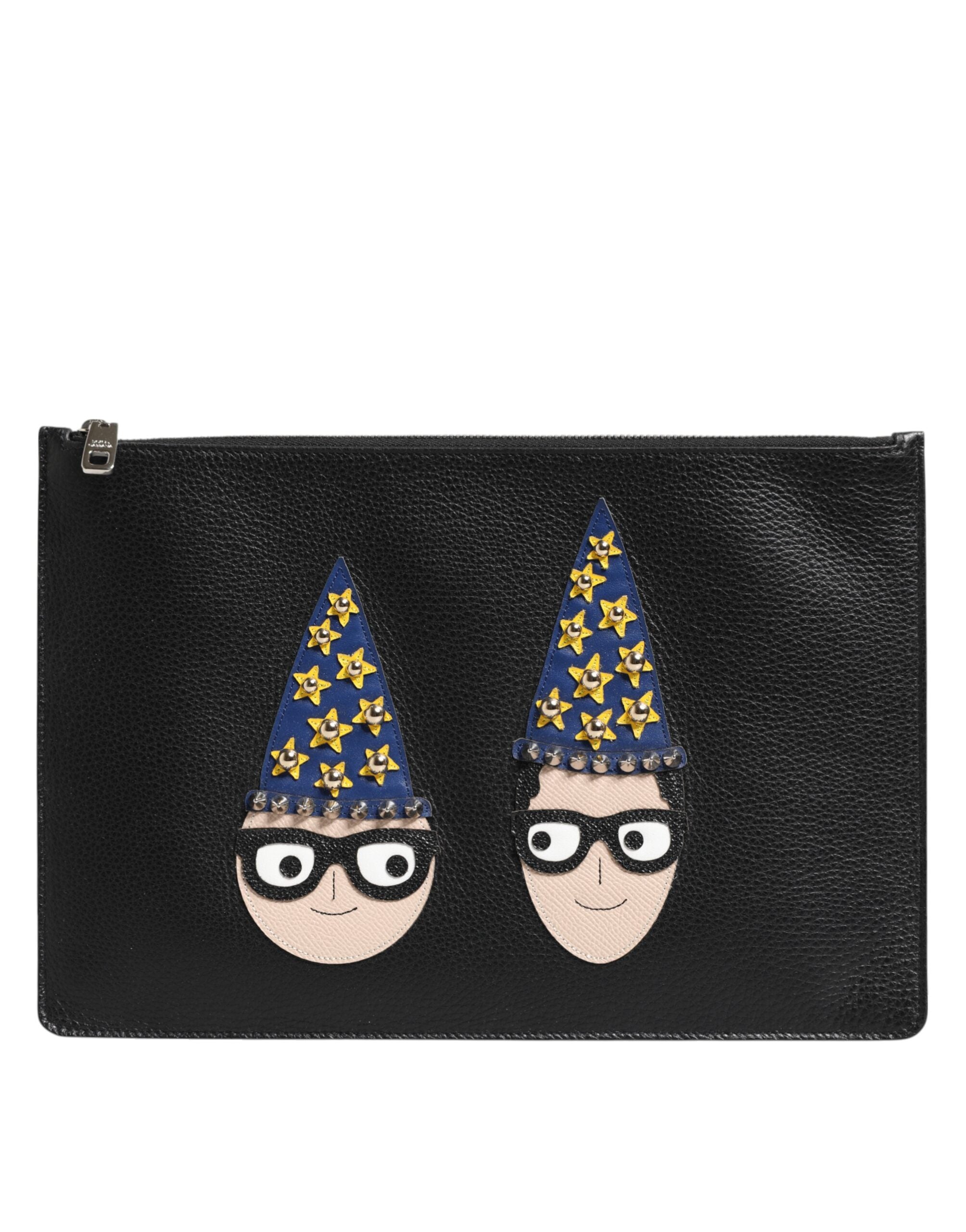 Black Leather #DGFAMILY Embellished Men Clutch Pouch Bag - ventzia