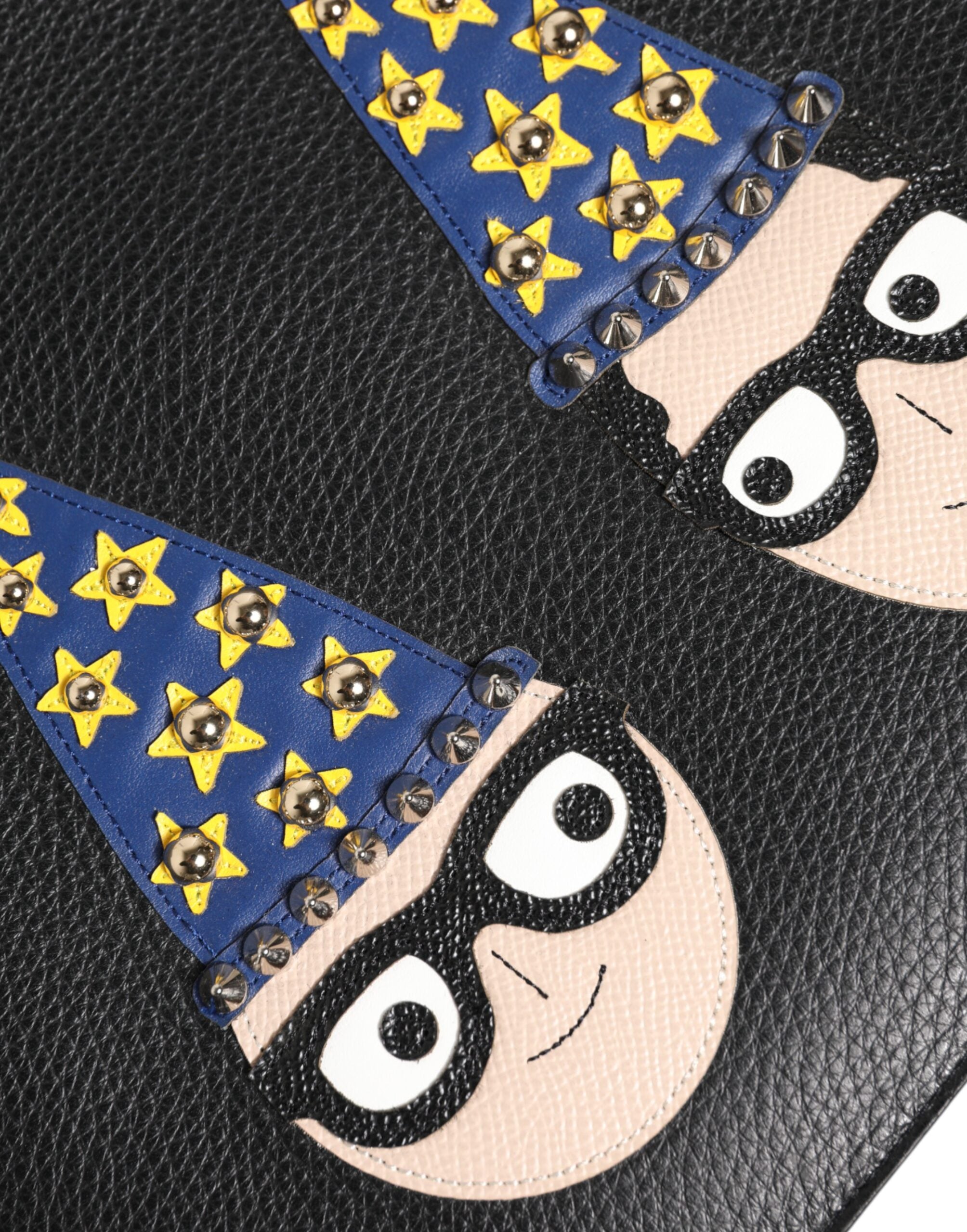 Black Leather #DGFAMILY Embellished Men Clutch Pouch Bag - ventzia