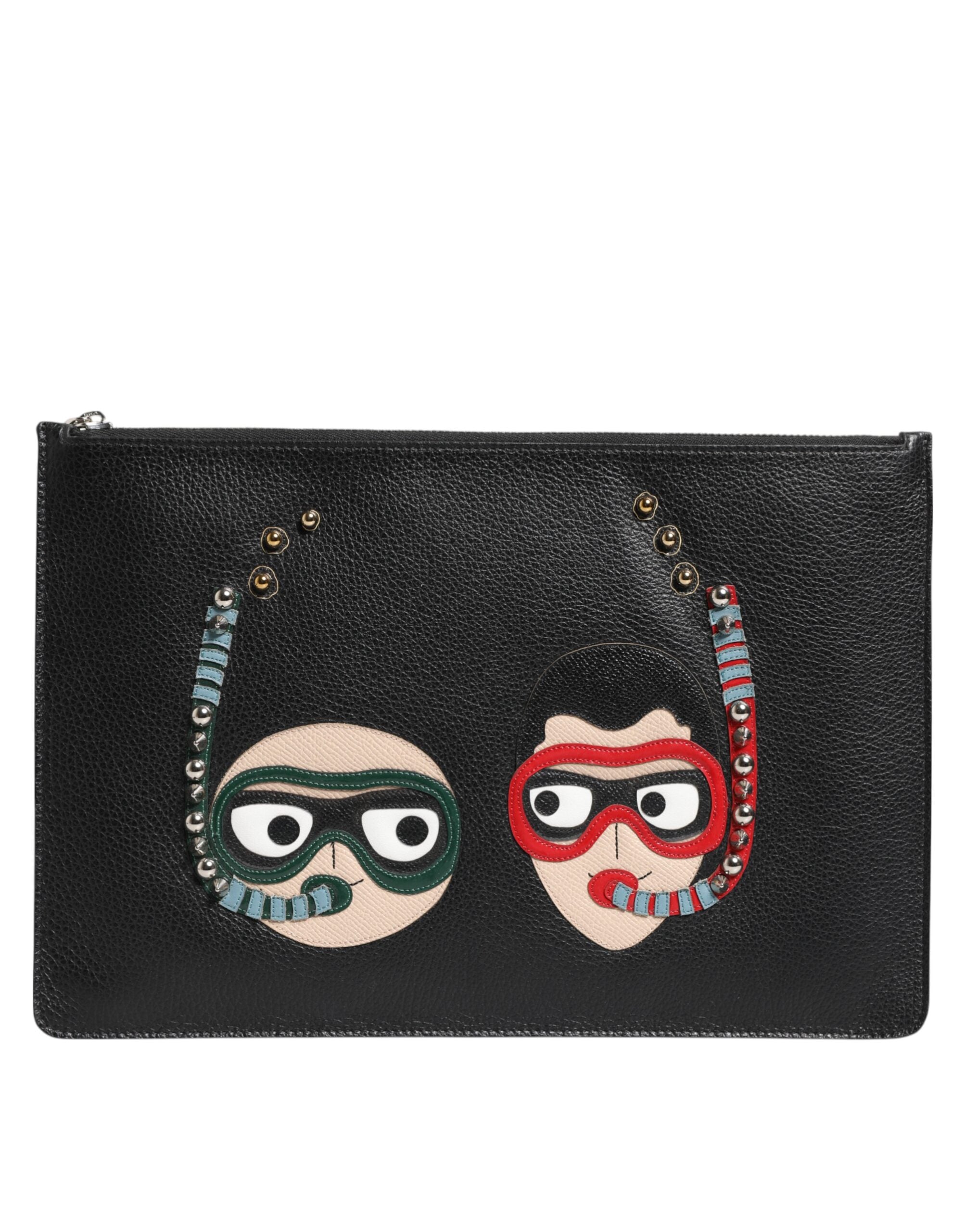 Black Leather #DGFAMILY Embellished Men Clutch Pouch Bag - ventzia