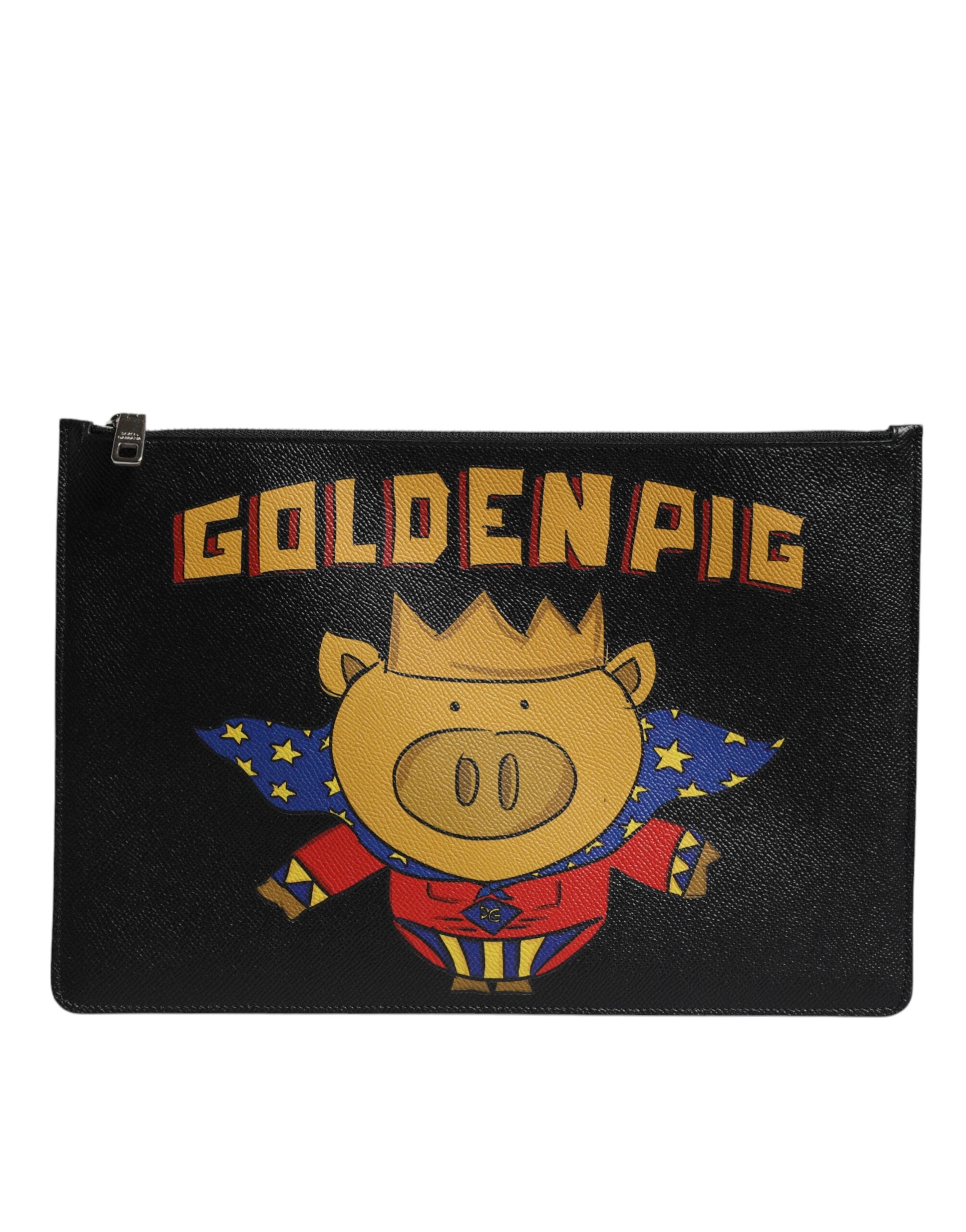 Black Leather Golden Pig Print Men Clutch Pouch Borse Bag - ventzia