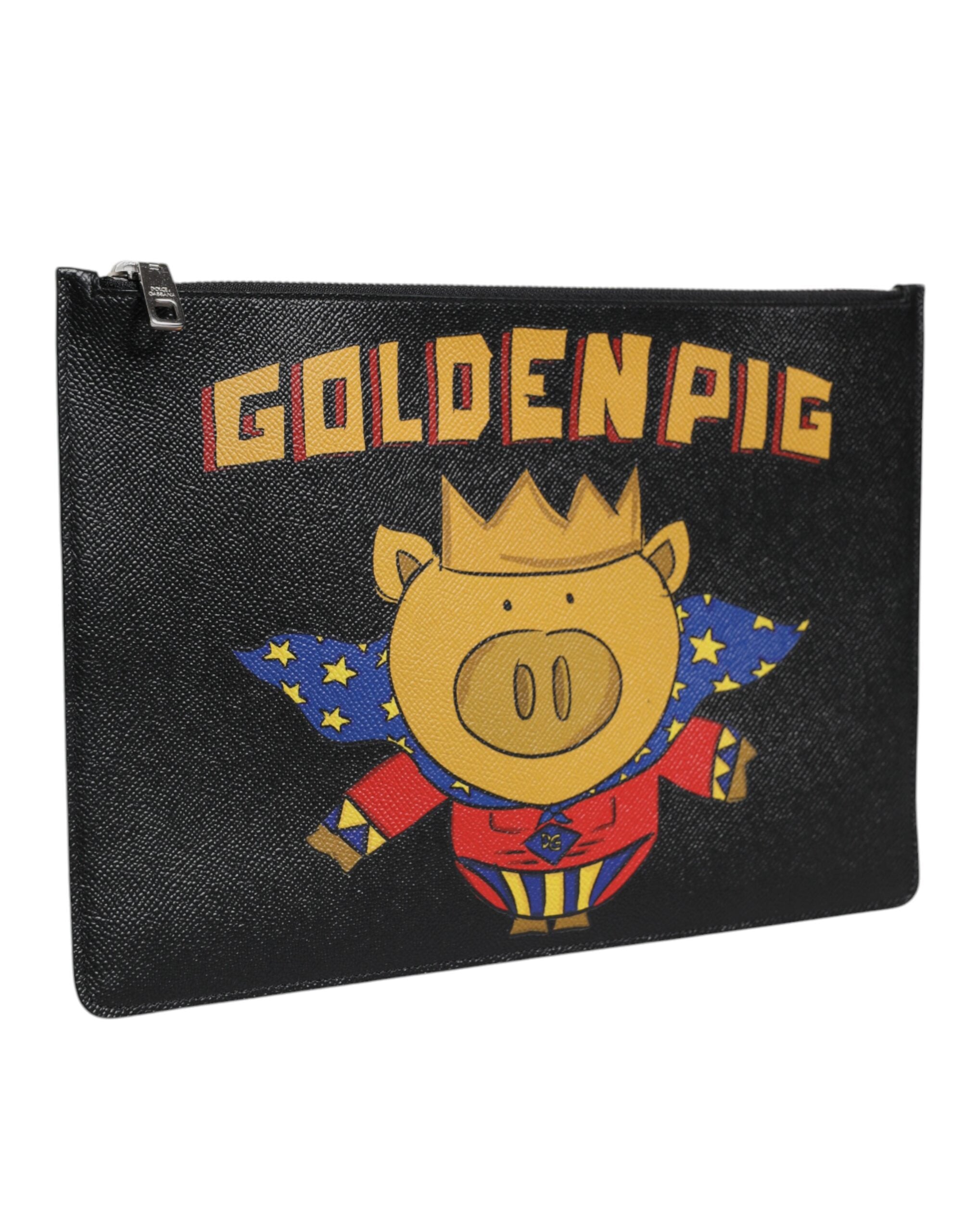 Black Leather Golden Pig Print Men Clutch Pouch Borse Bag - ventzia