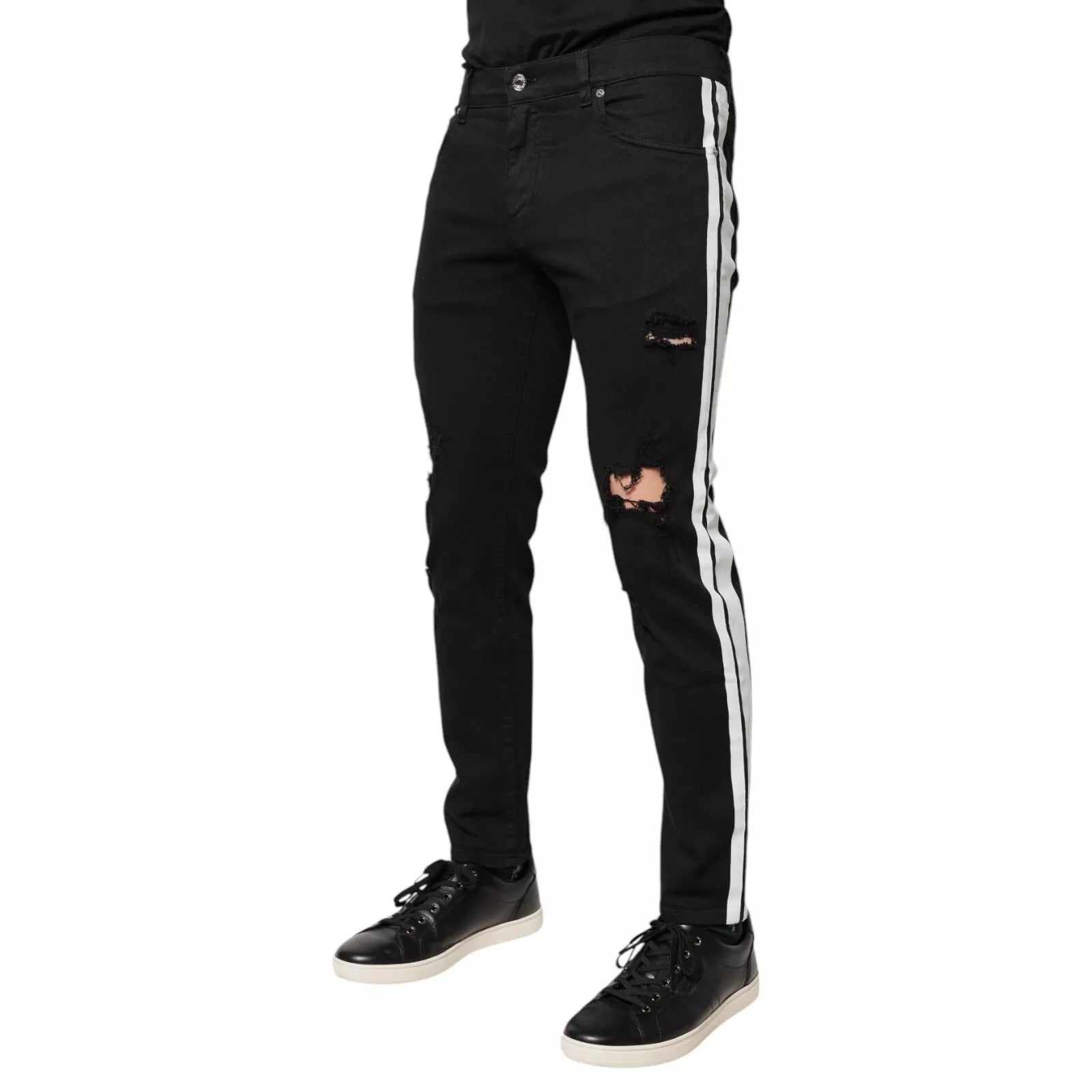 Black Tattered White Lining Skinny Denim Jeans - ventzia