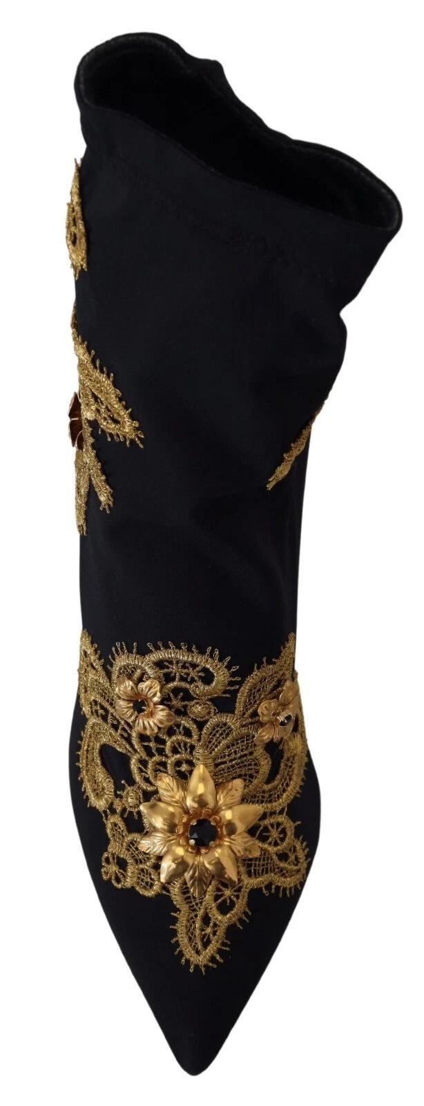 Black Gold Embroidery Crystal Boots Shoes - ventzia