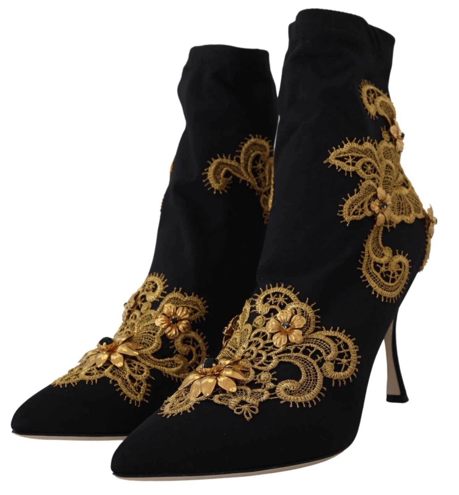 Black Gold Embroidery Crystal Boots Shoes - ventzia