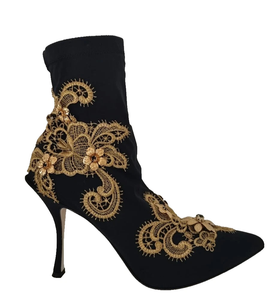 Black Gold Embroidery Crystal Boots Shoes - ventzia
