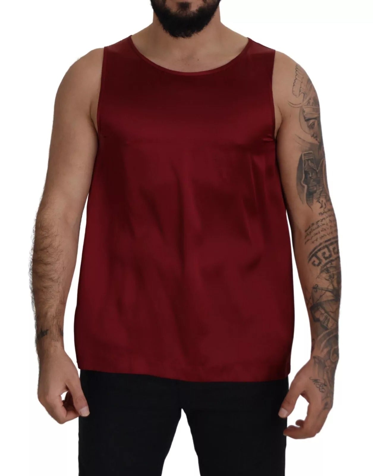 Red Round Neck Sleeveless Silk T-shirt - ventzia