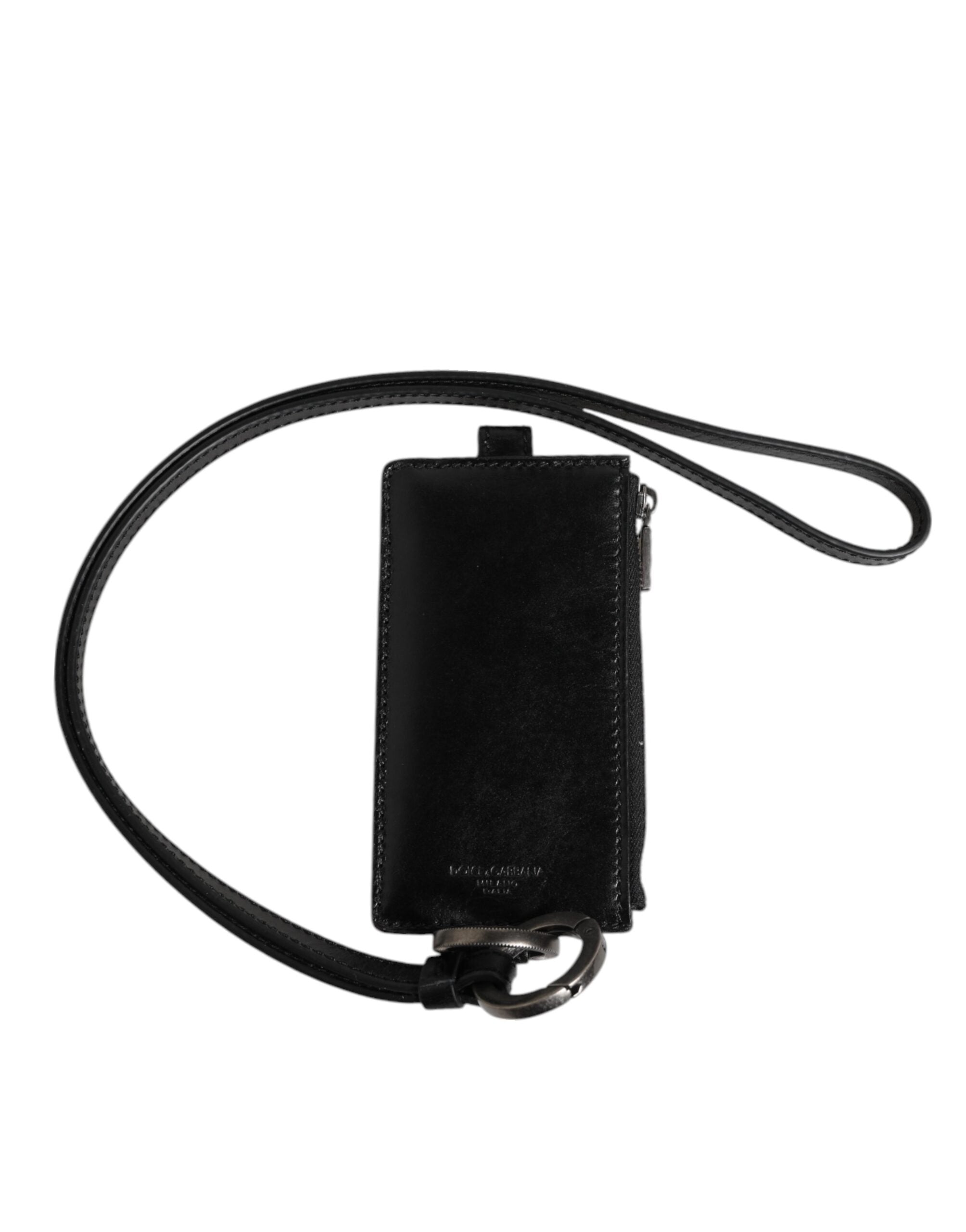 Black Leather Logo Embossed Lanyard Card Holder Wallet - ventzia