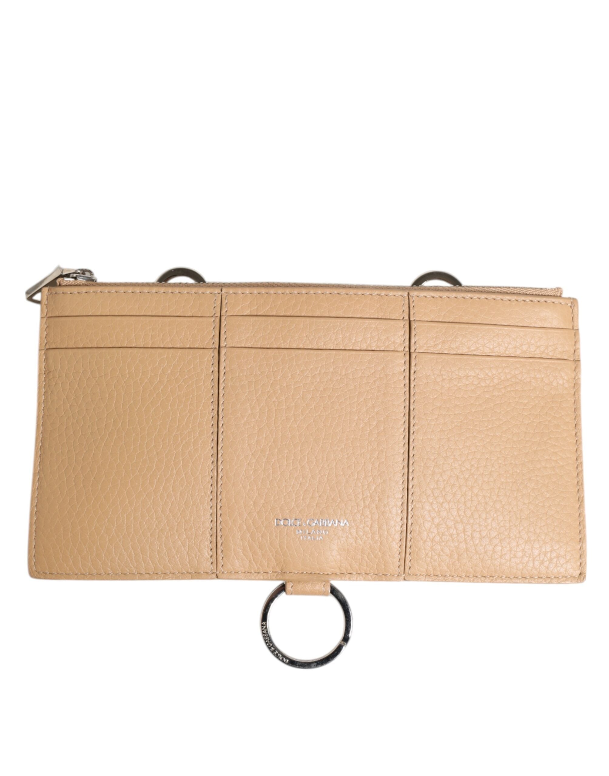 Beige Calfskin Leather Large Crossbody Card Holder Wallet - ventzia