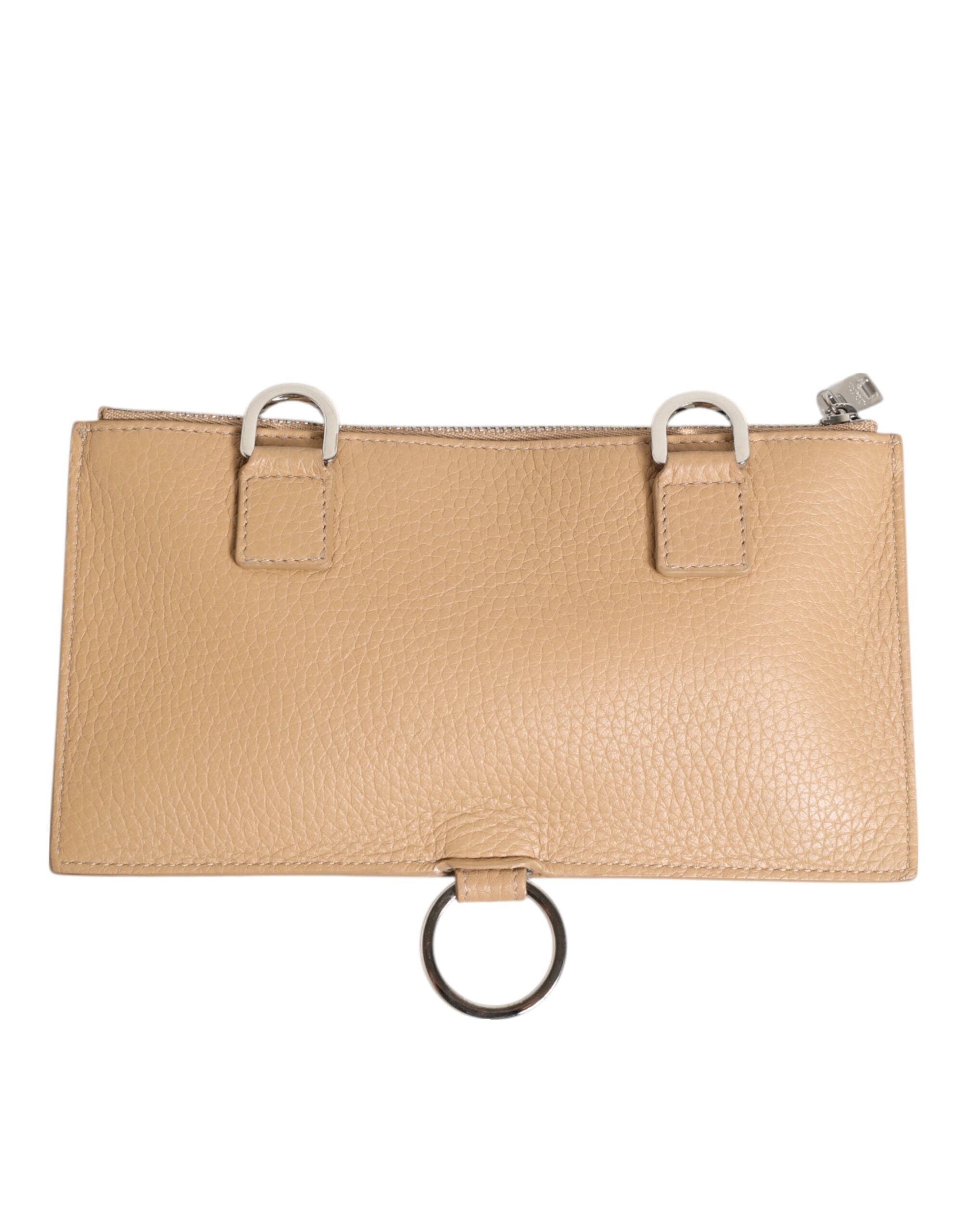 Beige Calfskin Leather Large Crossbody Card Holder Wallet - ventzia