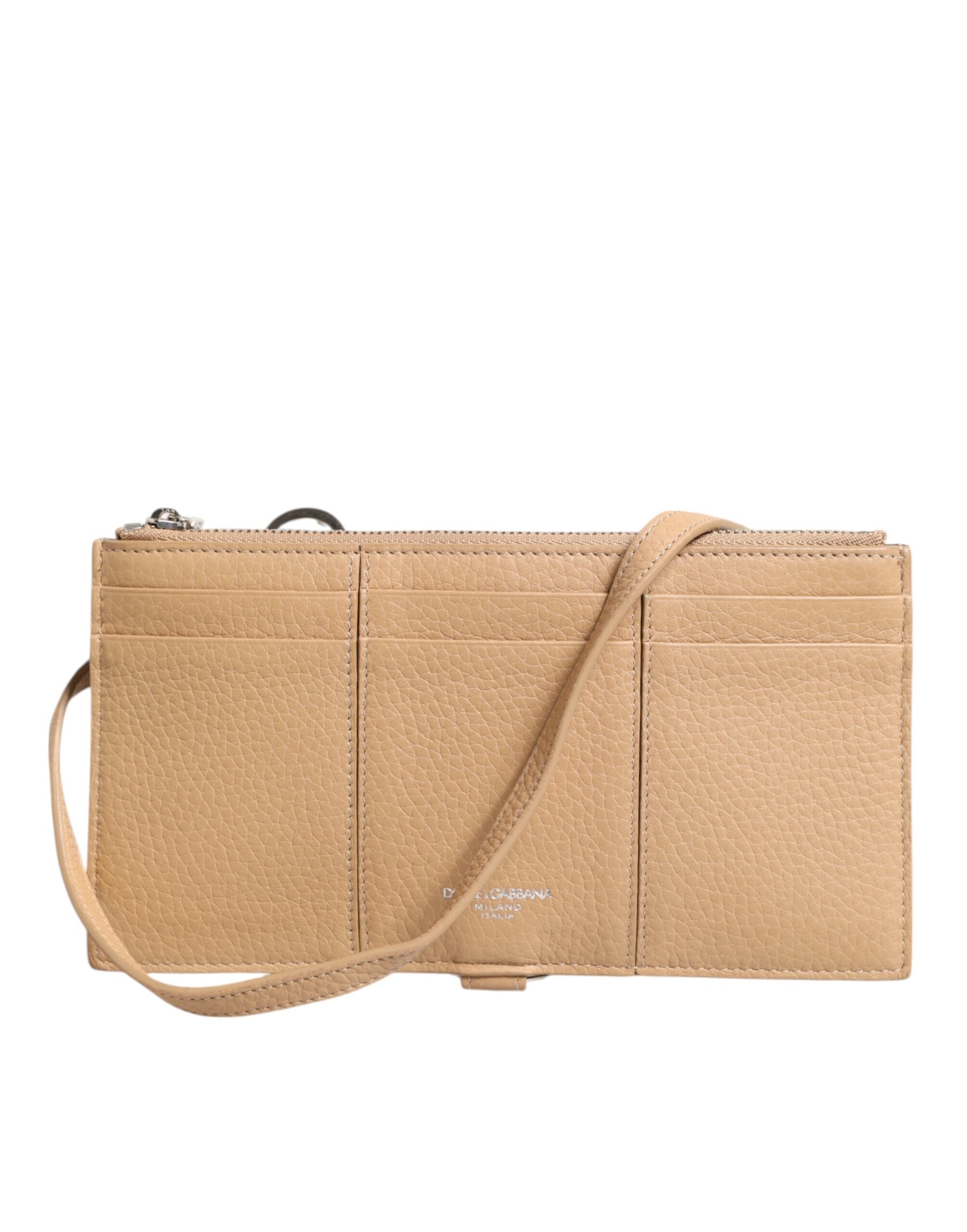 Beige Calfskin Leather Large Crossbody Card Holder Wallet - ventzia