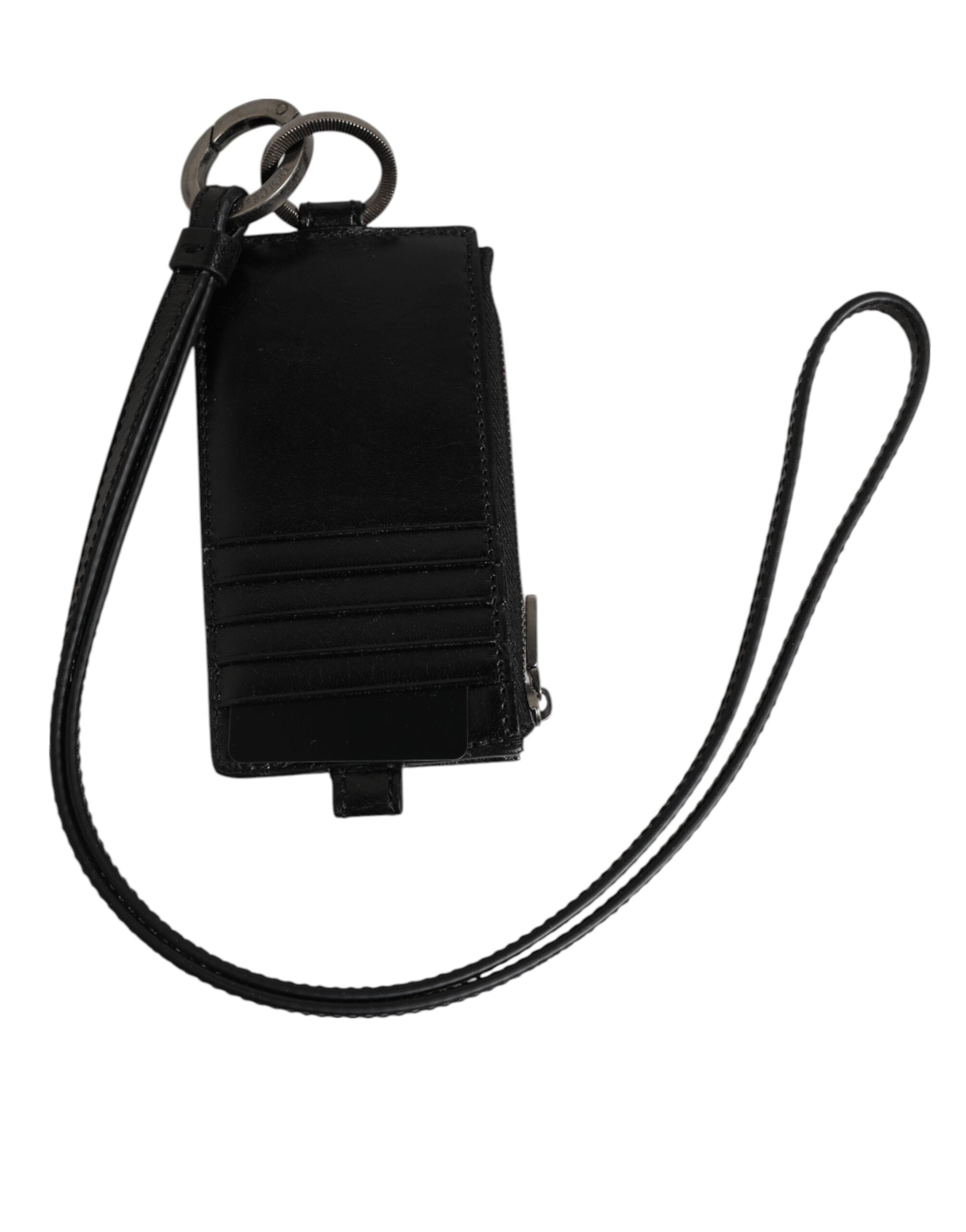 Black Leather Logo Embossed Lanyard Card Holder Wallet - ventzia