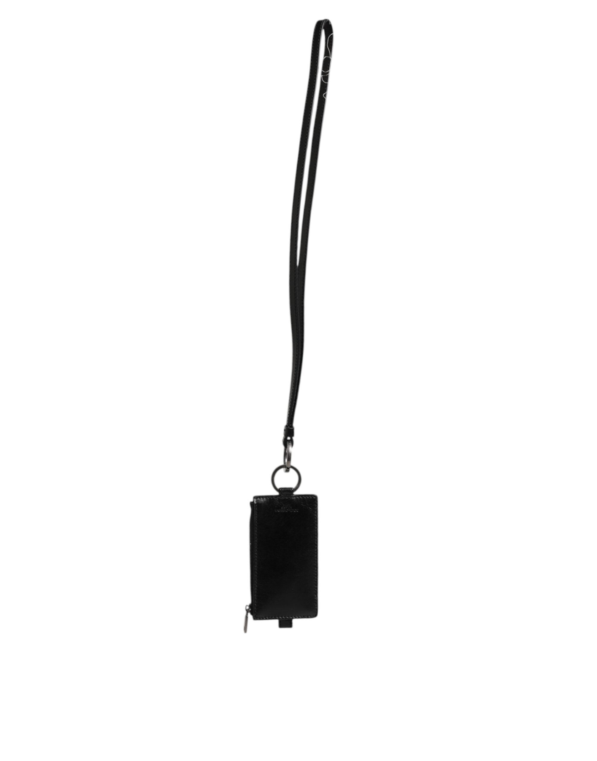 Black Leather Logo Embossed Lanyard Card Holder Wallet - ventzia