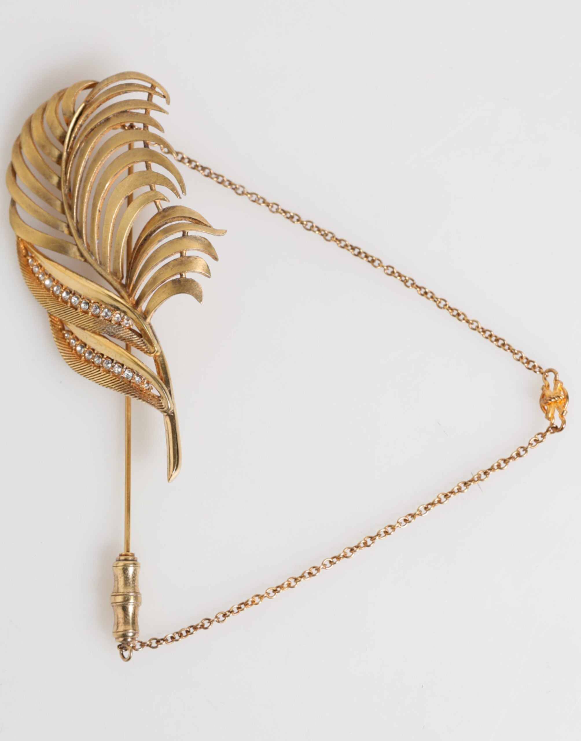 Gold Tone Leaf 925 Sterling Silver Crystal Chain Brooch - ventzia