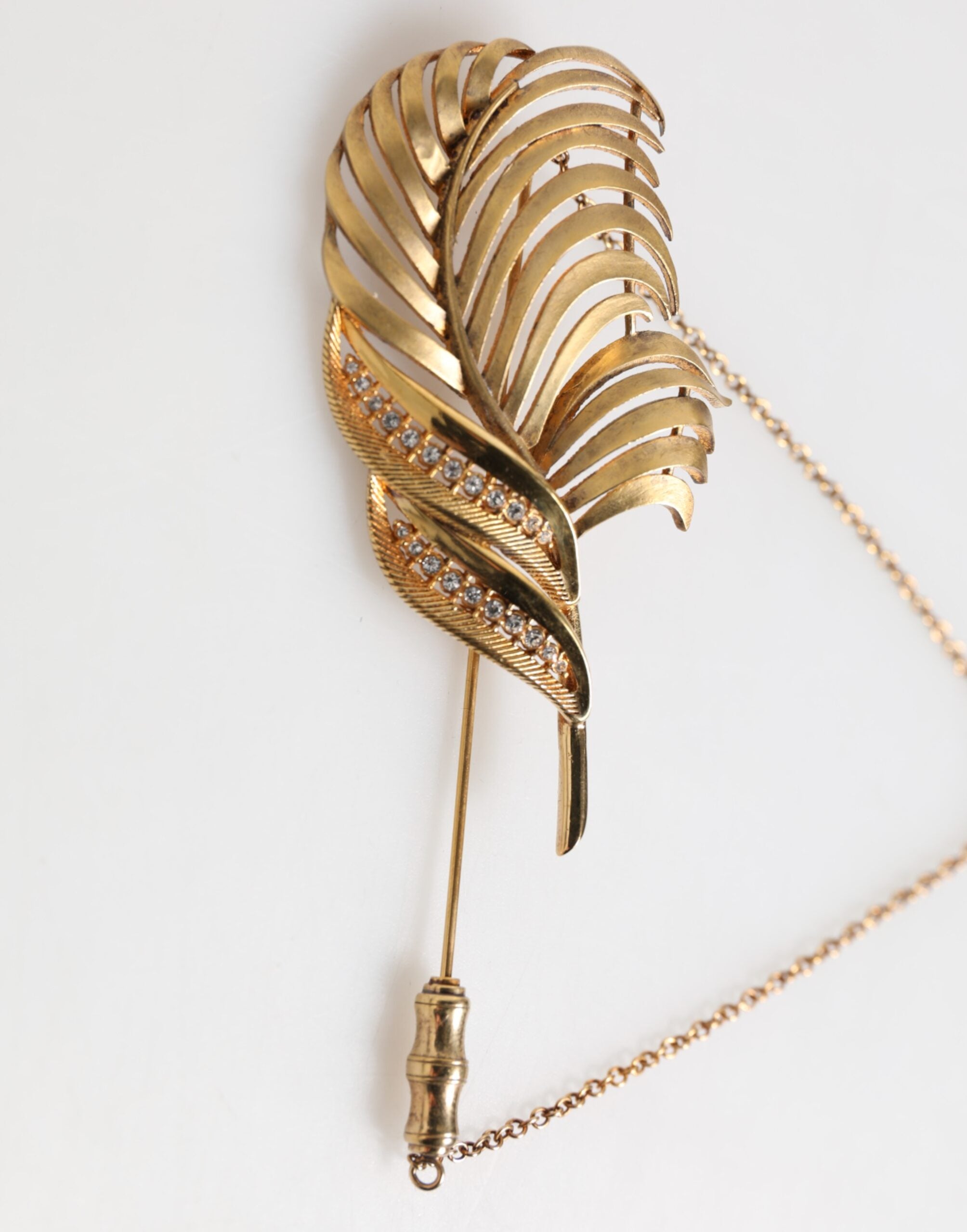 Gold Tone Leaf 925 Sterling Silver Crystal Chain Brooch - ventzia