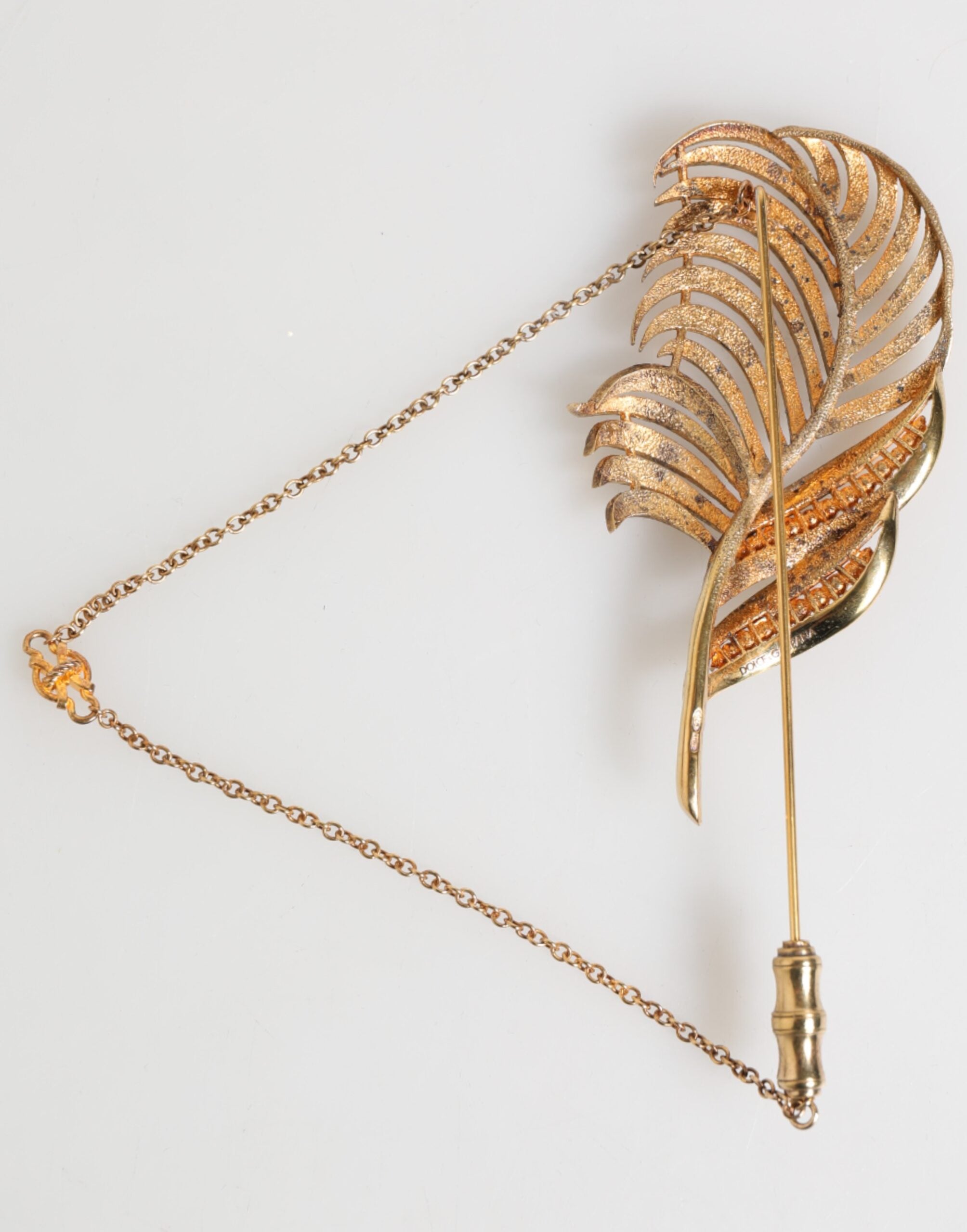 Gold Tone Leaf 925 Sterling Silver Crystal Chain Brooch - ventzia