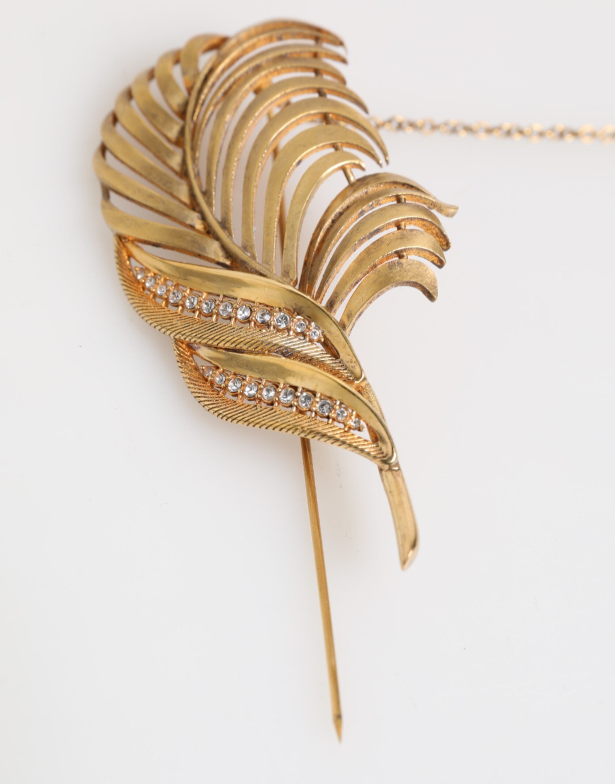 Gold Tone Leaf 925 Sterling Silver Crystal Chain Brooch - ventzia