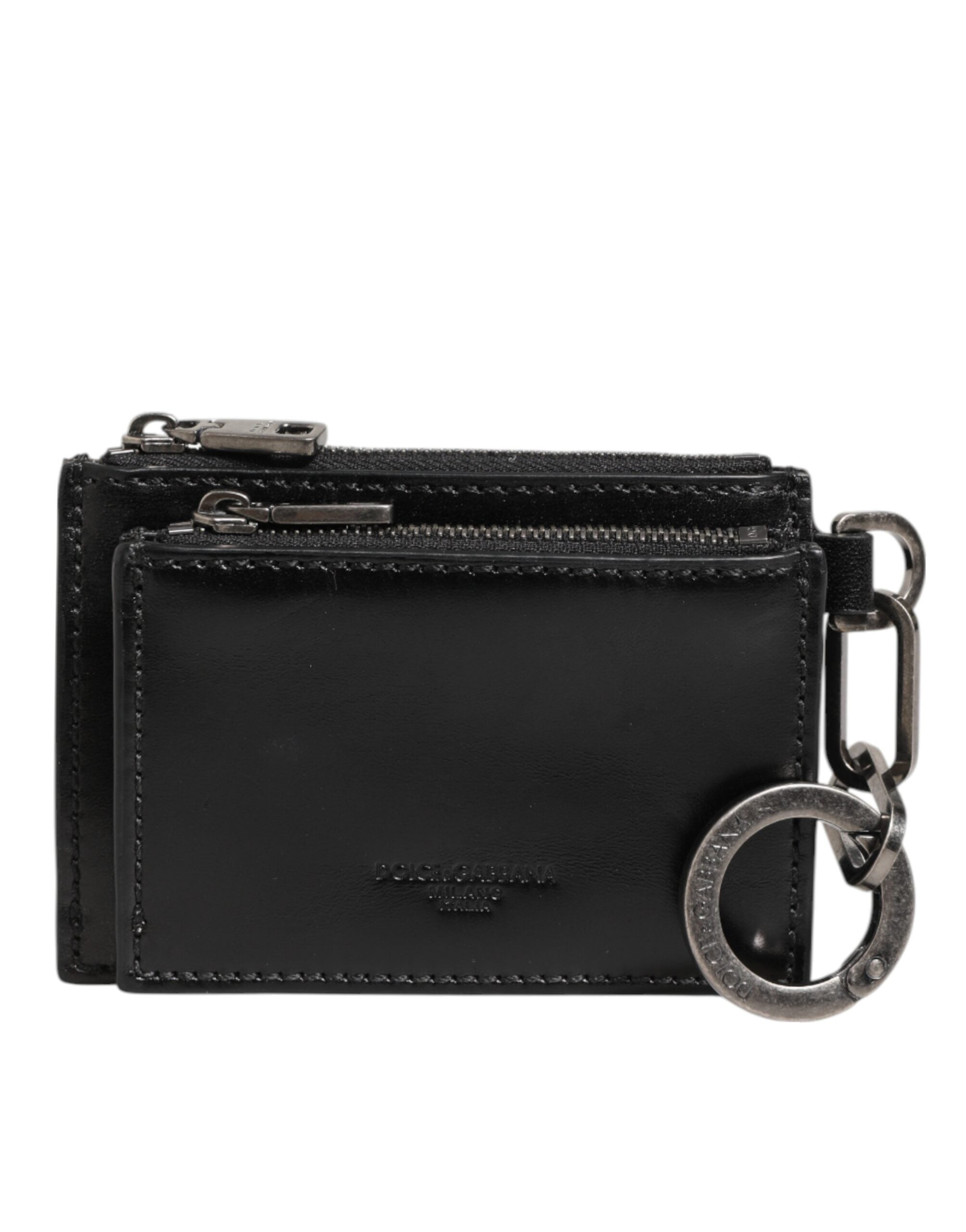 Black Leather Zipped Card Holder Coin Purse Keyring Wallet - ventzia