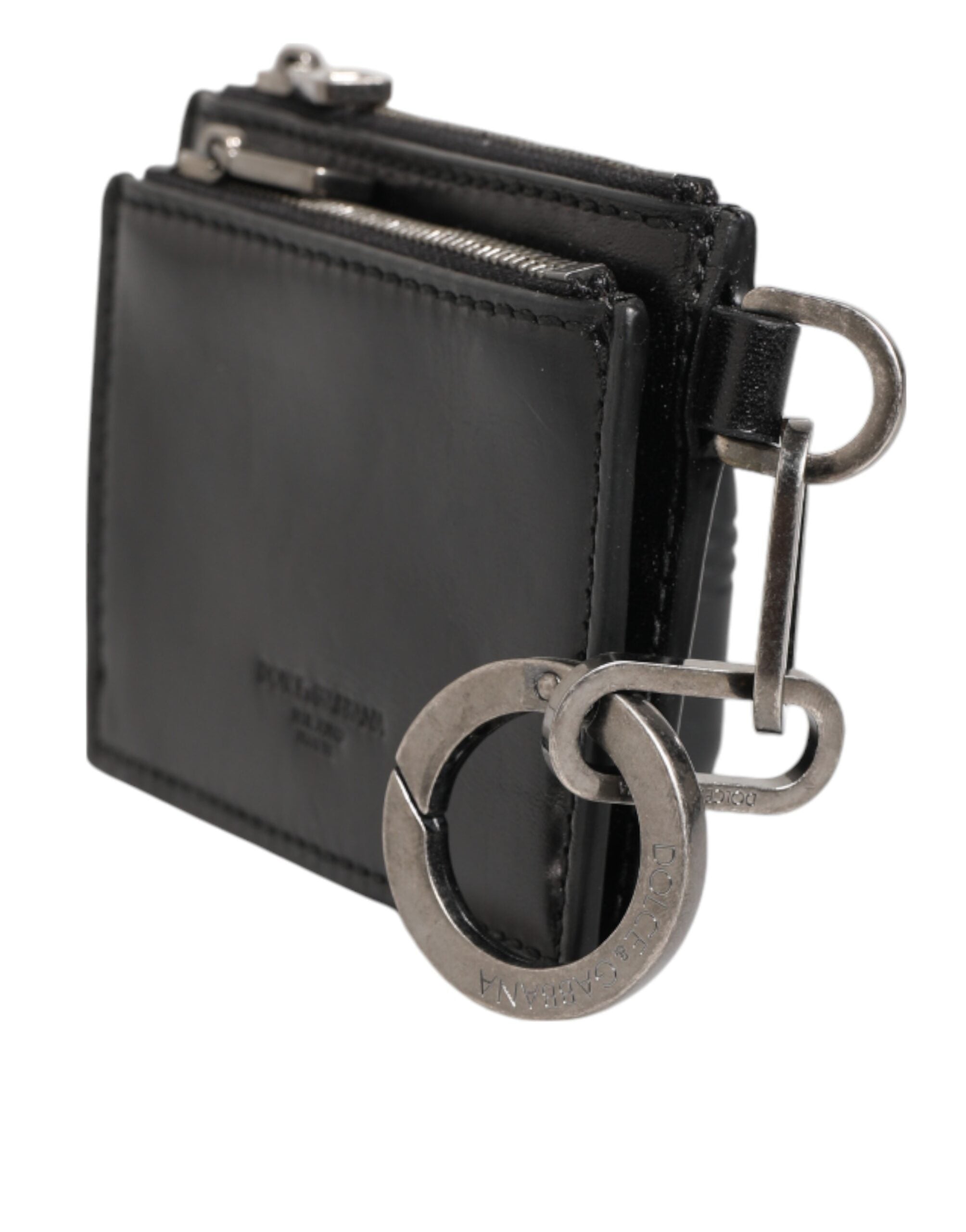 Black Leather Zipped Card Holder Coin Purse Keyring Wallet - ventzia