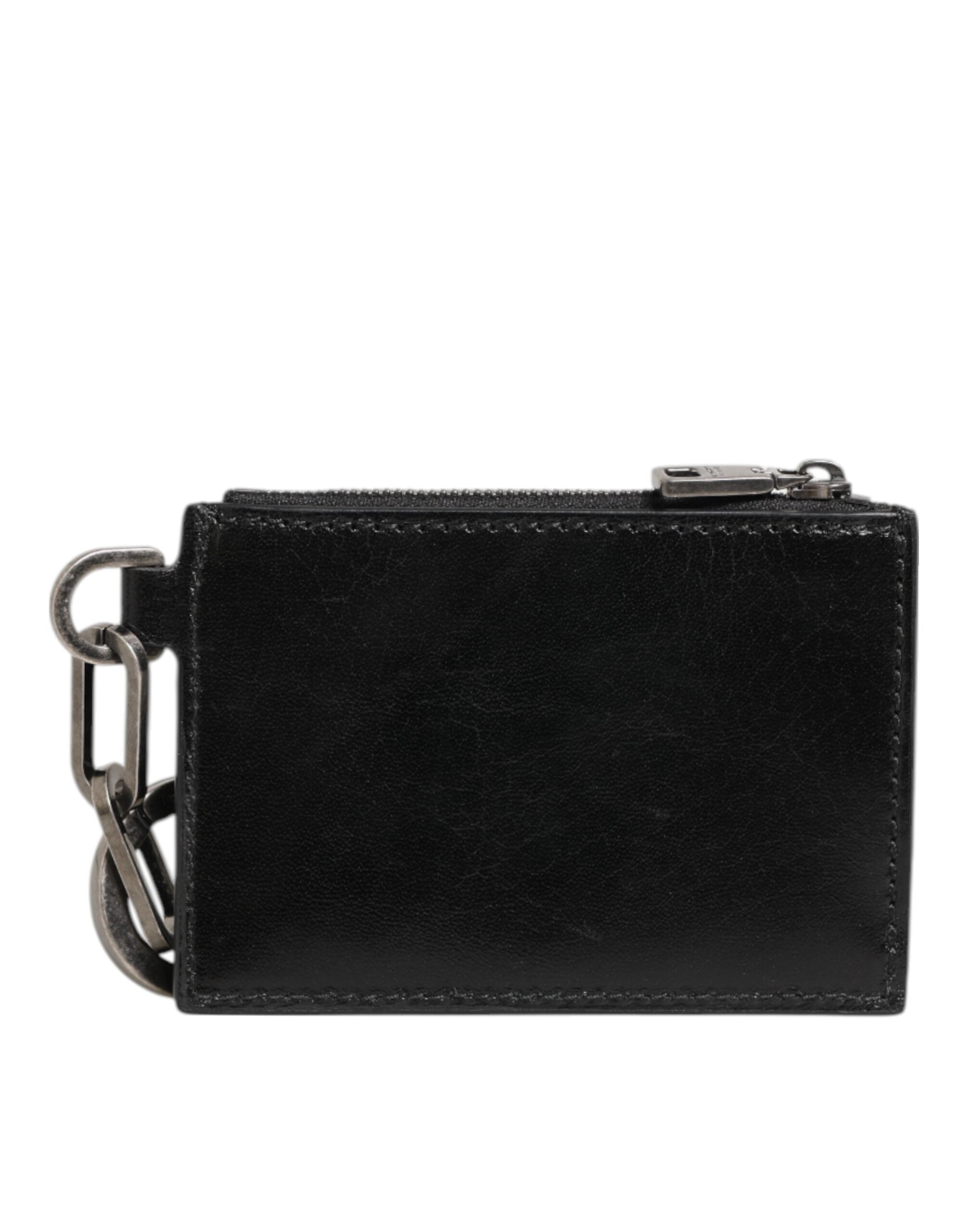Black Leather Zipped Card Holder Coin Purse Keyring Wallet - ventzia