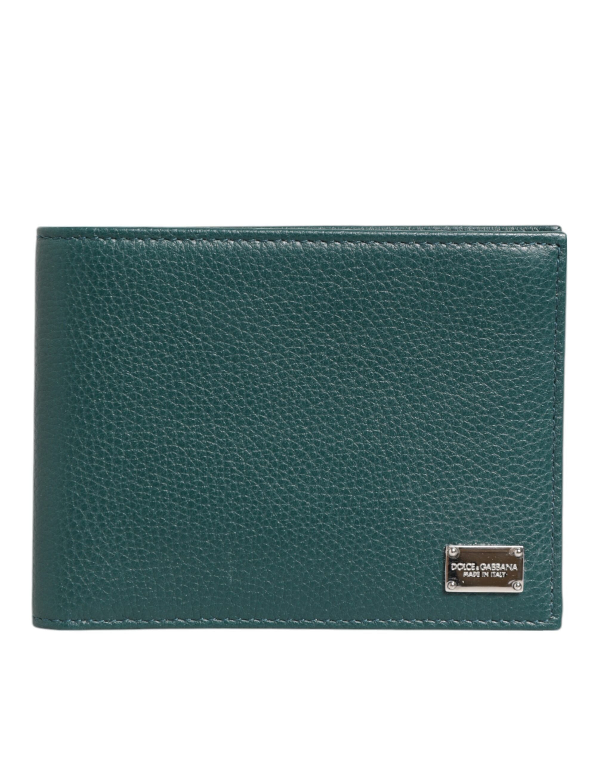 Green Leather DG Logo Plaque Bifold Card Holder Wallet - ventzia
