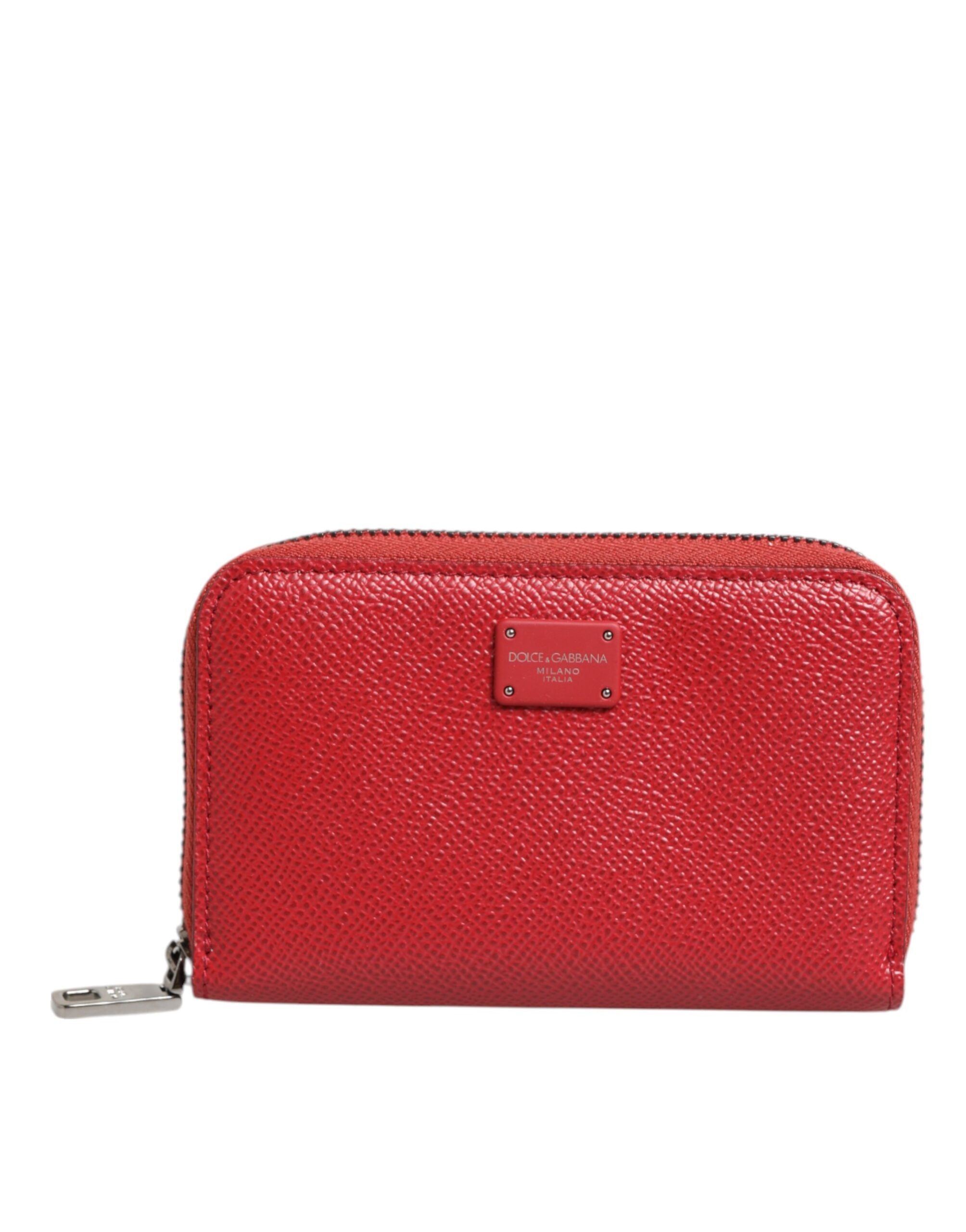 Red Leather Zip Around Logo Plaque Men Coin Purse Wallet - ventzia
